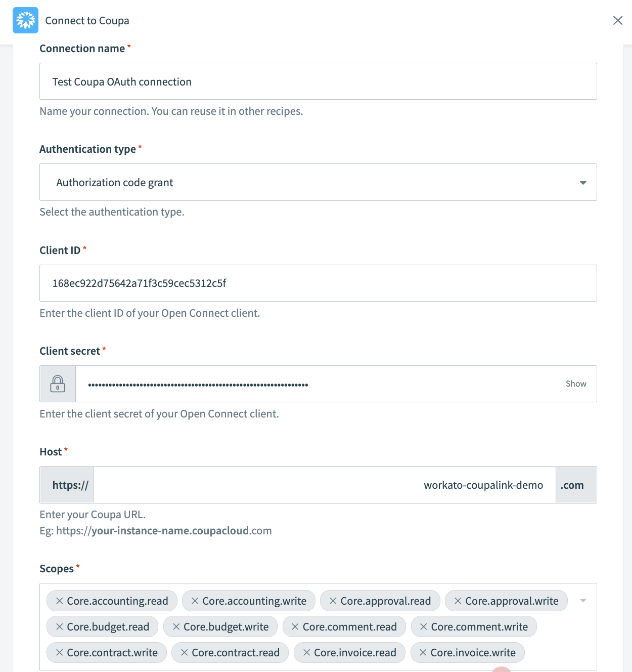 Coupa connector connection settings for OAuth 2.0 connection