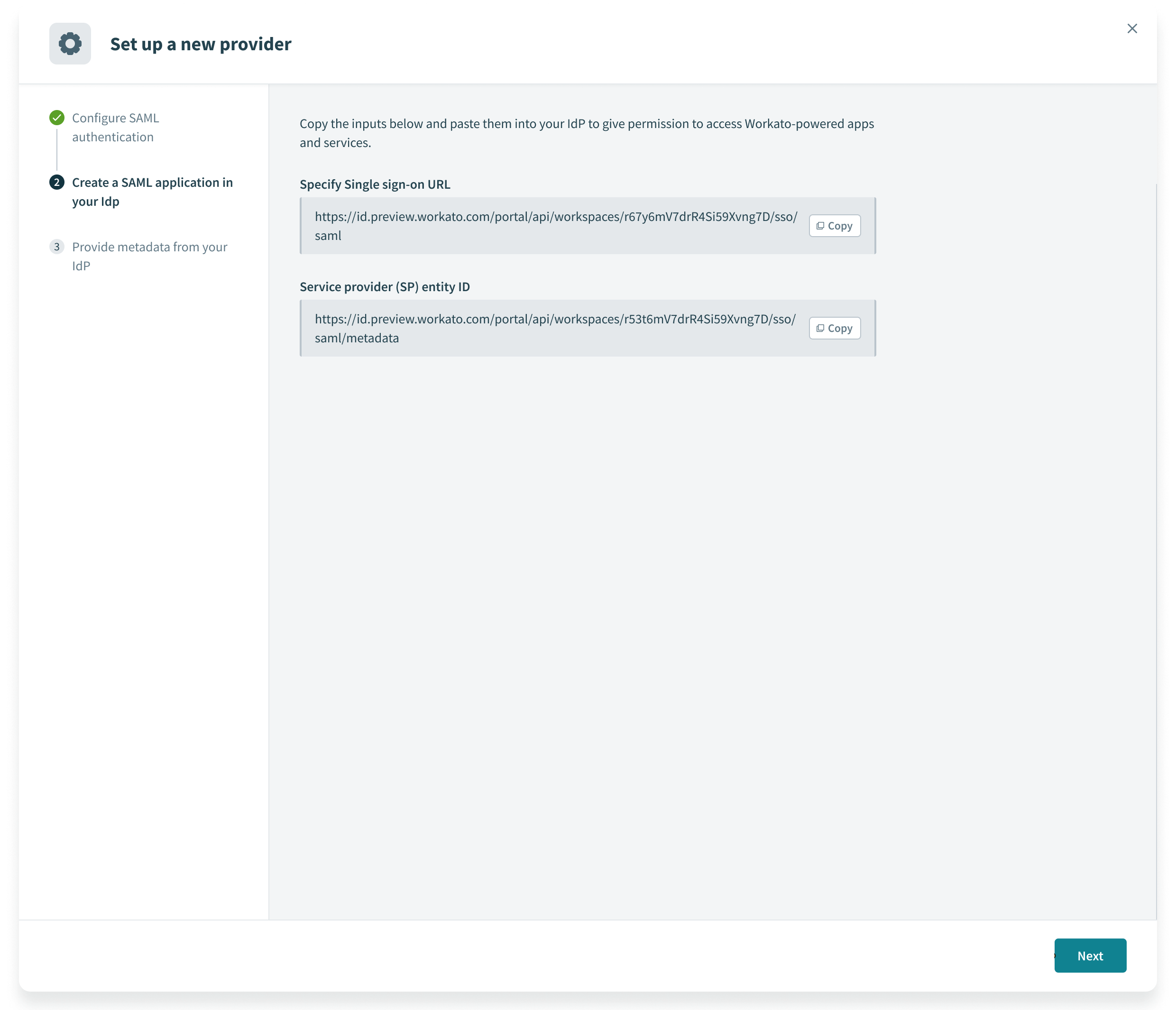 Copy the Specify Single sign-on URL and Service provider (SP) entity ID values