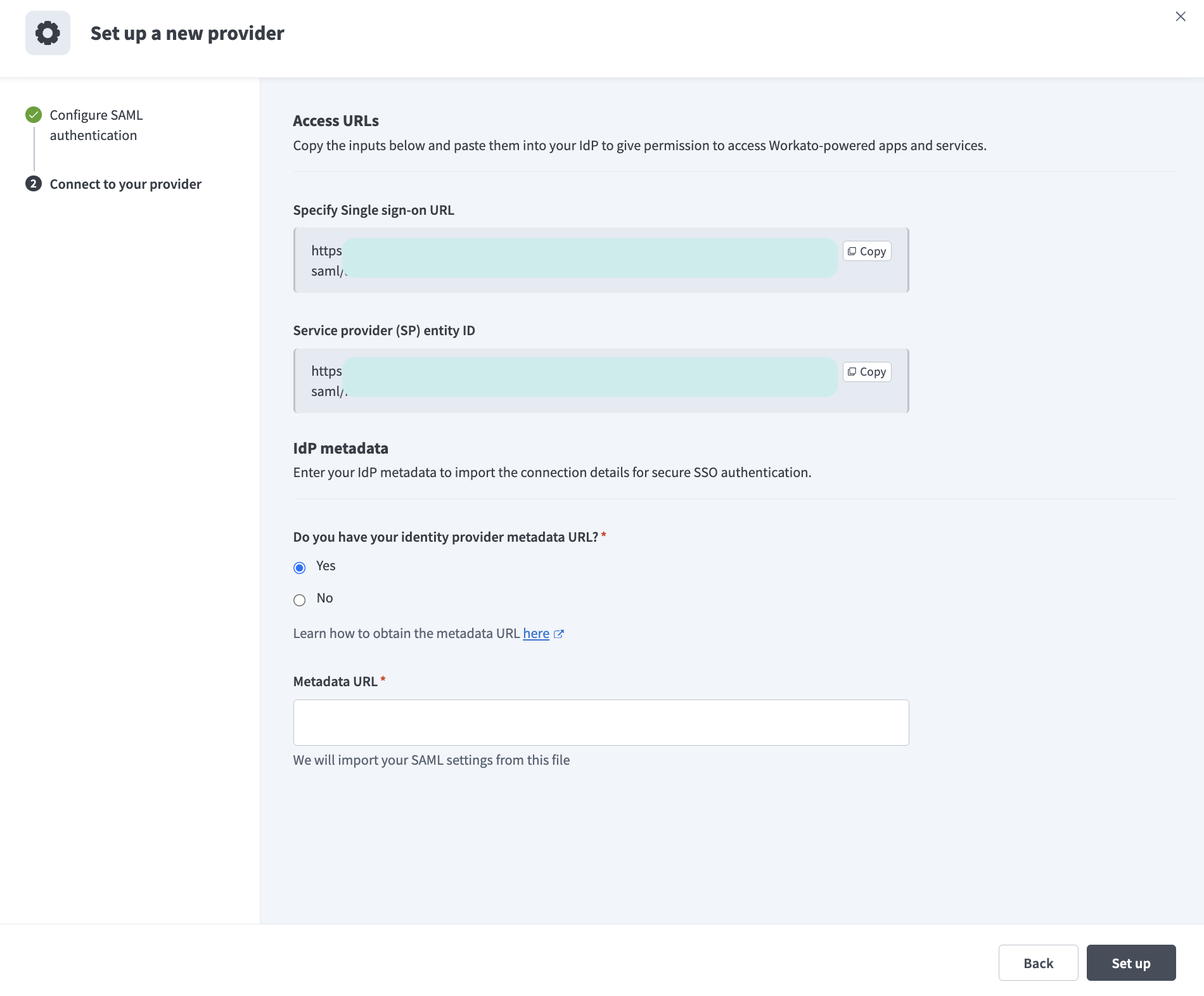 Copy the Specify Single sign-on URL and Service provider (SP) entity ID values