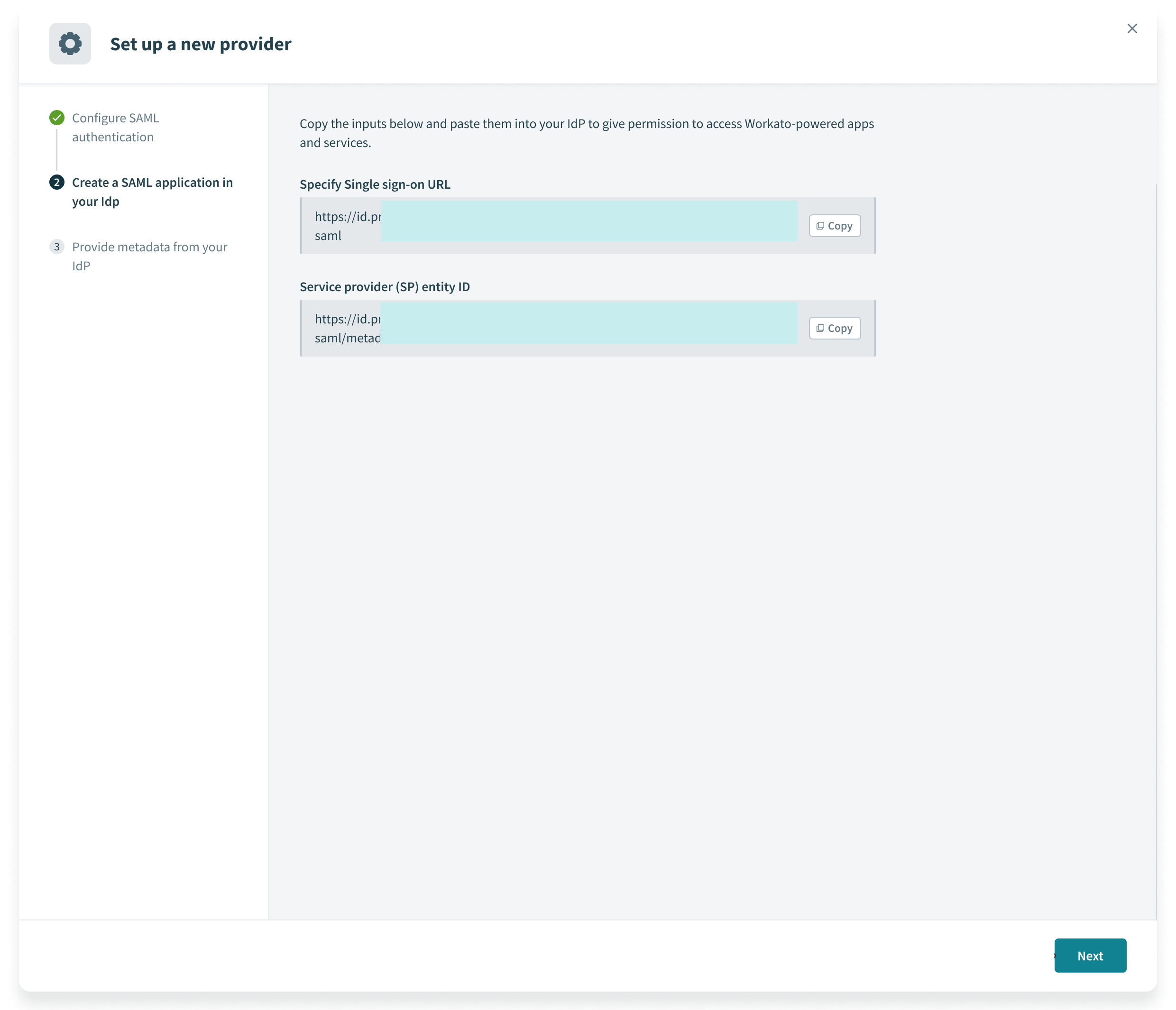 Copy the Specify Single sign-on URL and Service provider (SP) entity ID values