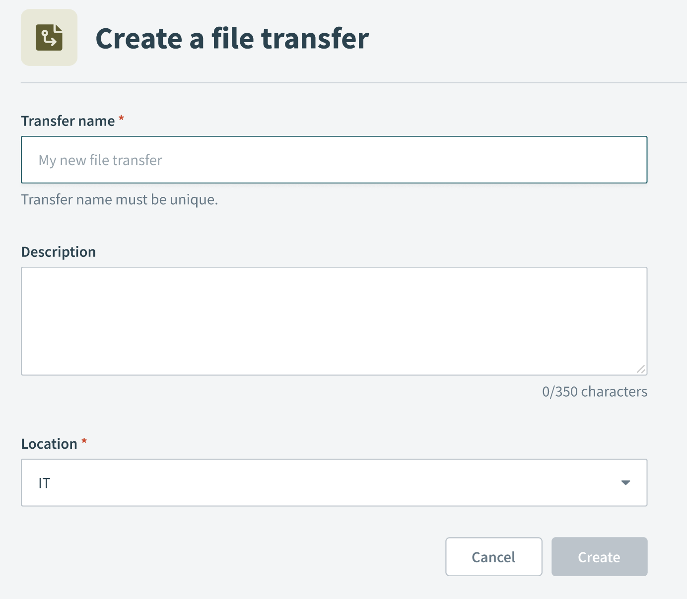 The Create a file transfer modal