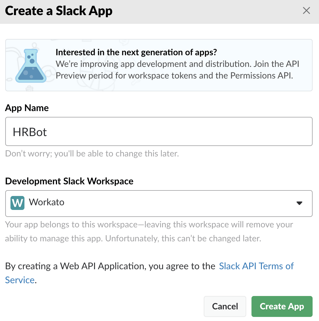 Create new app in Slack