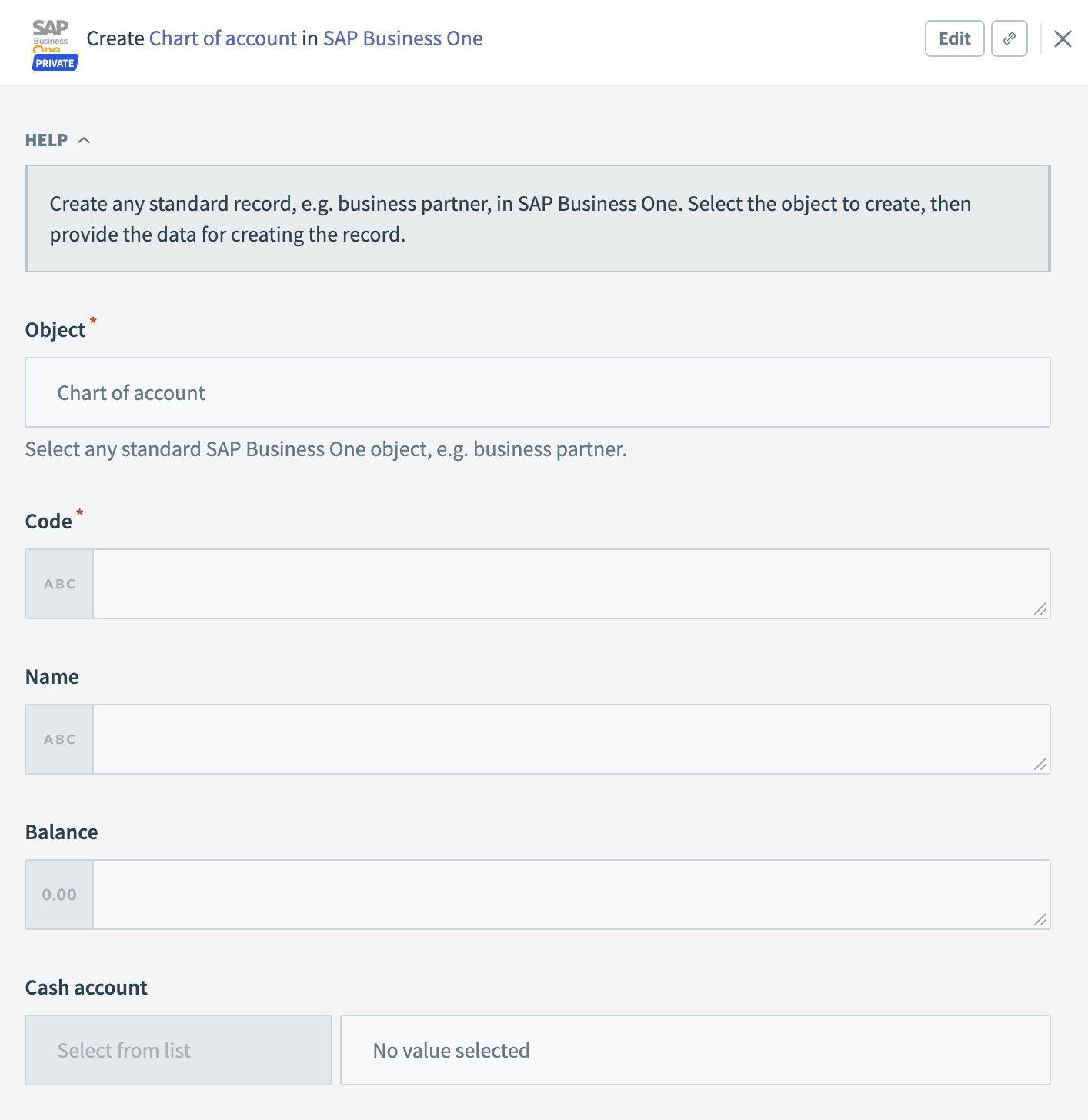 SAP Business One - Create record action