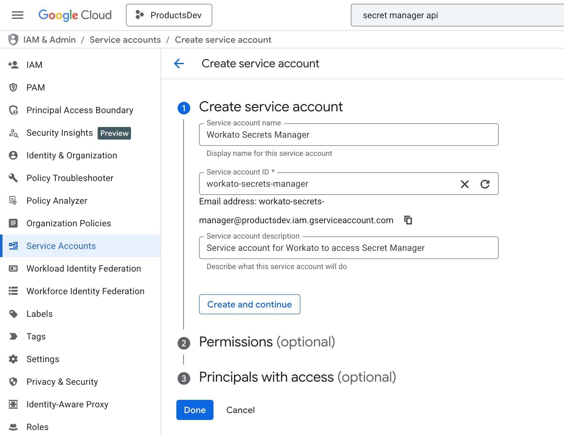 Create the service account