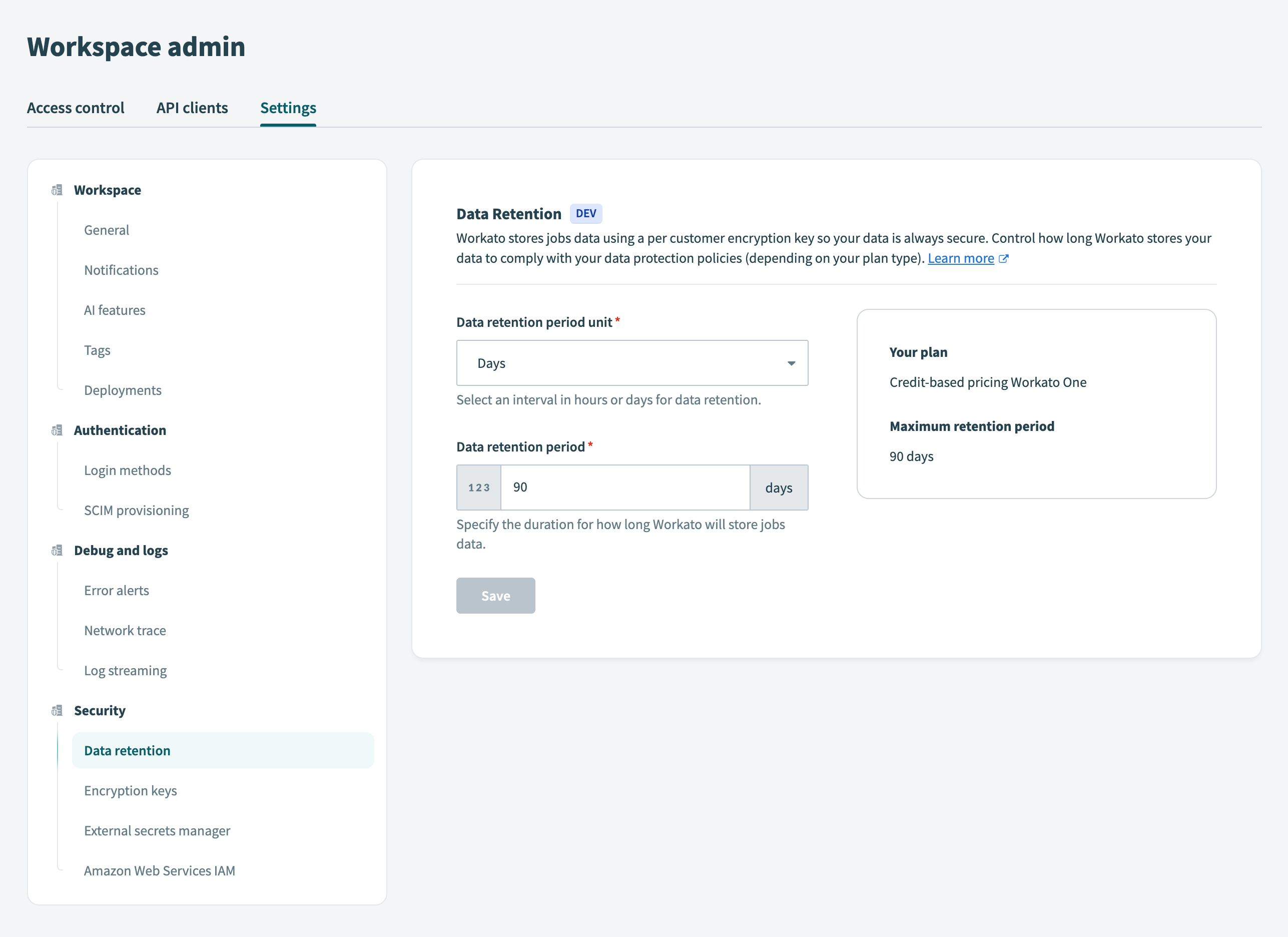 Data retention settings