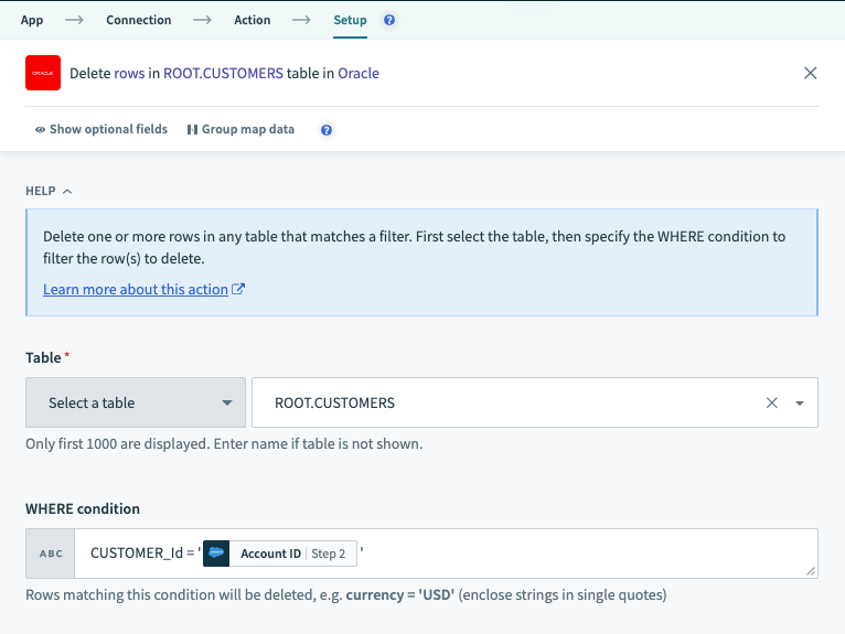 Workato connectors Oracle Delete actions Workato Docs