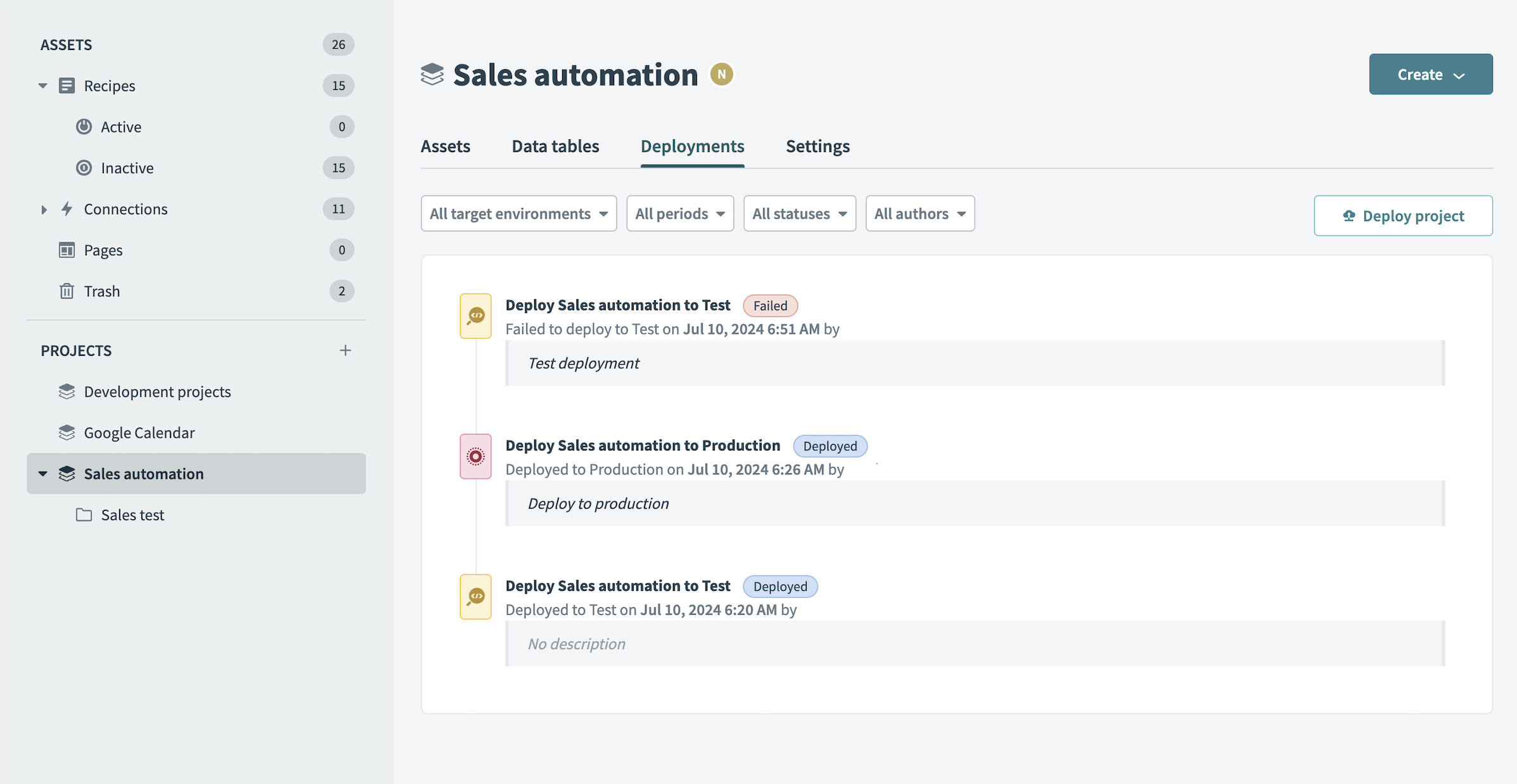 Deployments tab