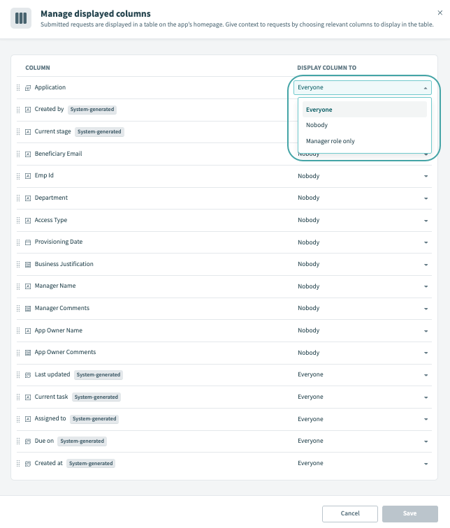 列の表示方法を制御する