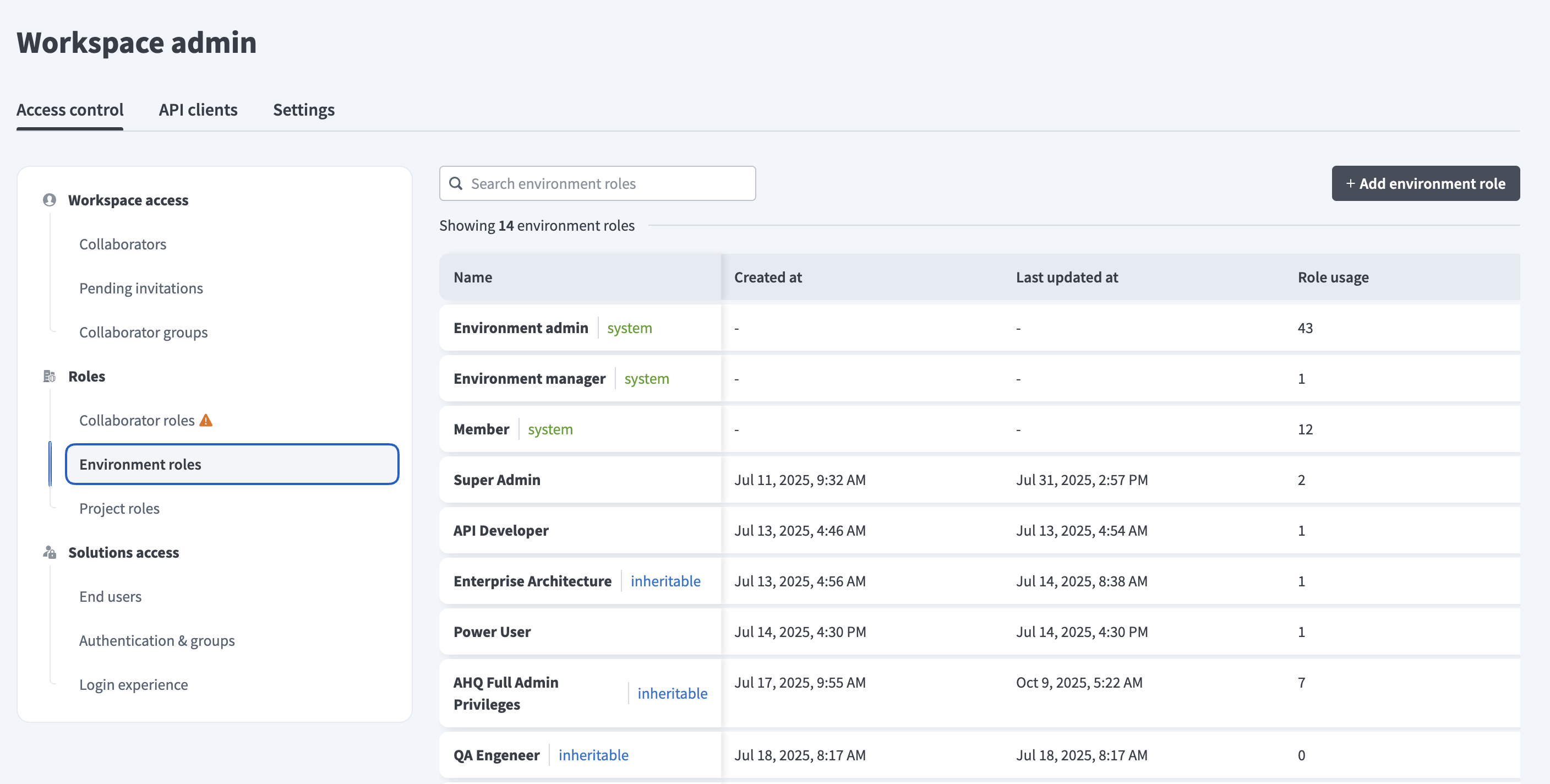 Environment roles tab
