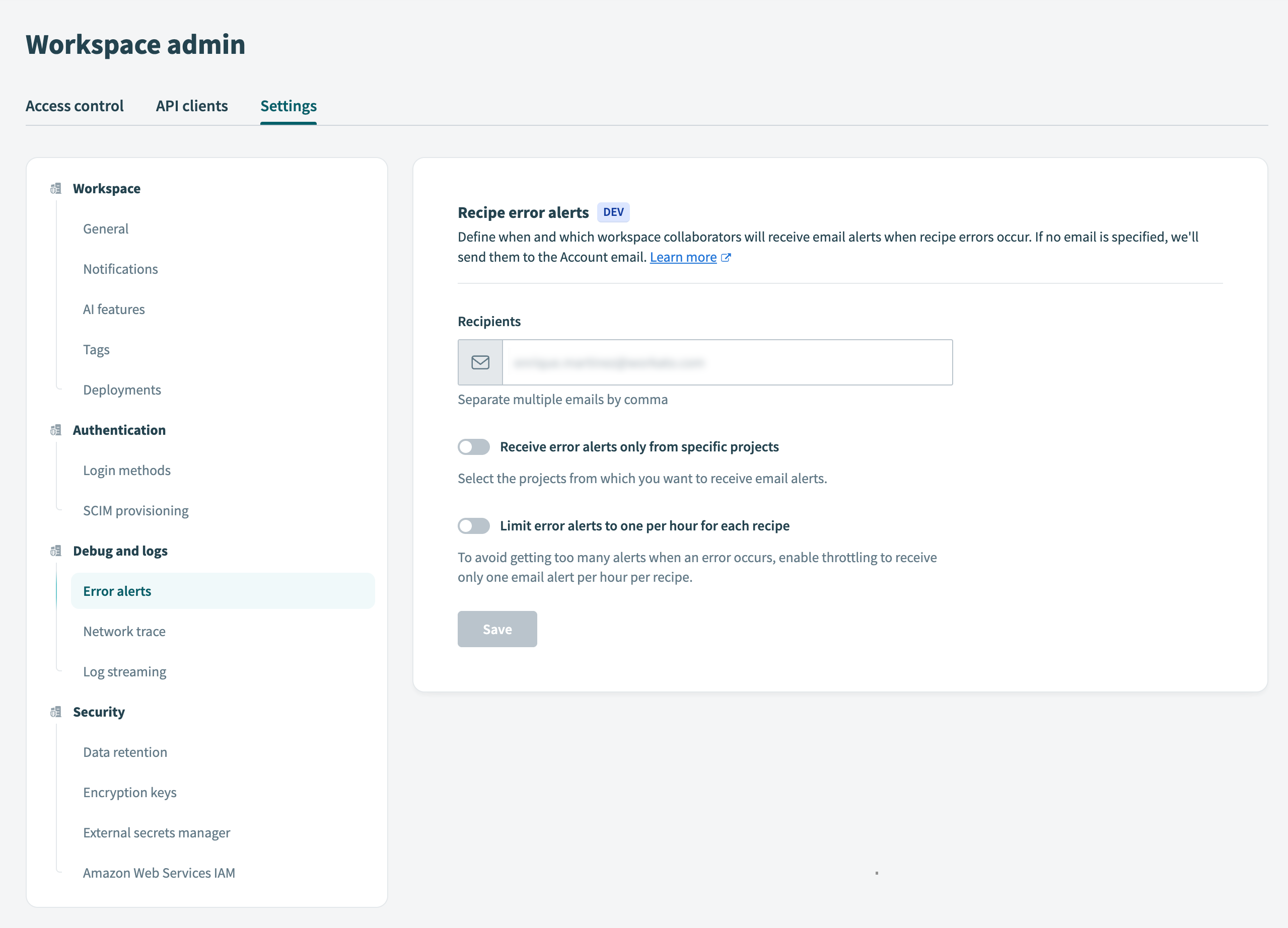 Error alerts settings