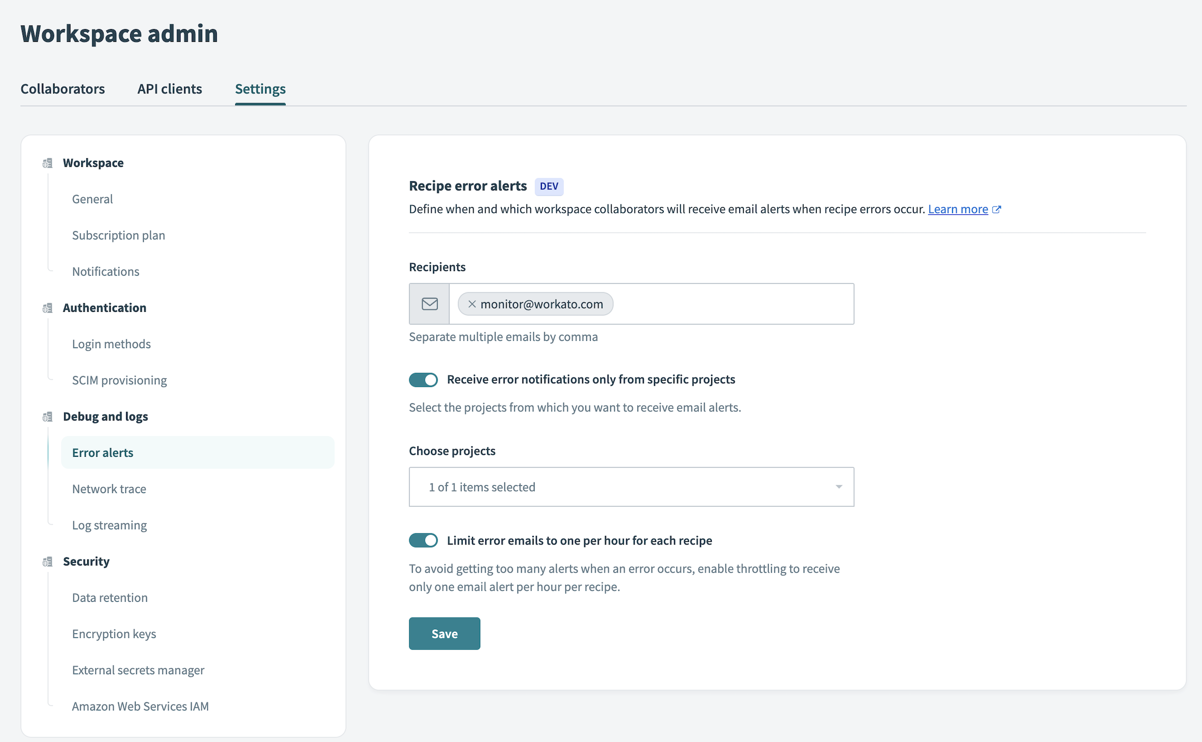 Configure error notification settings