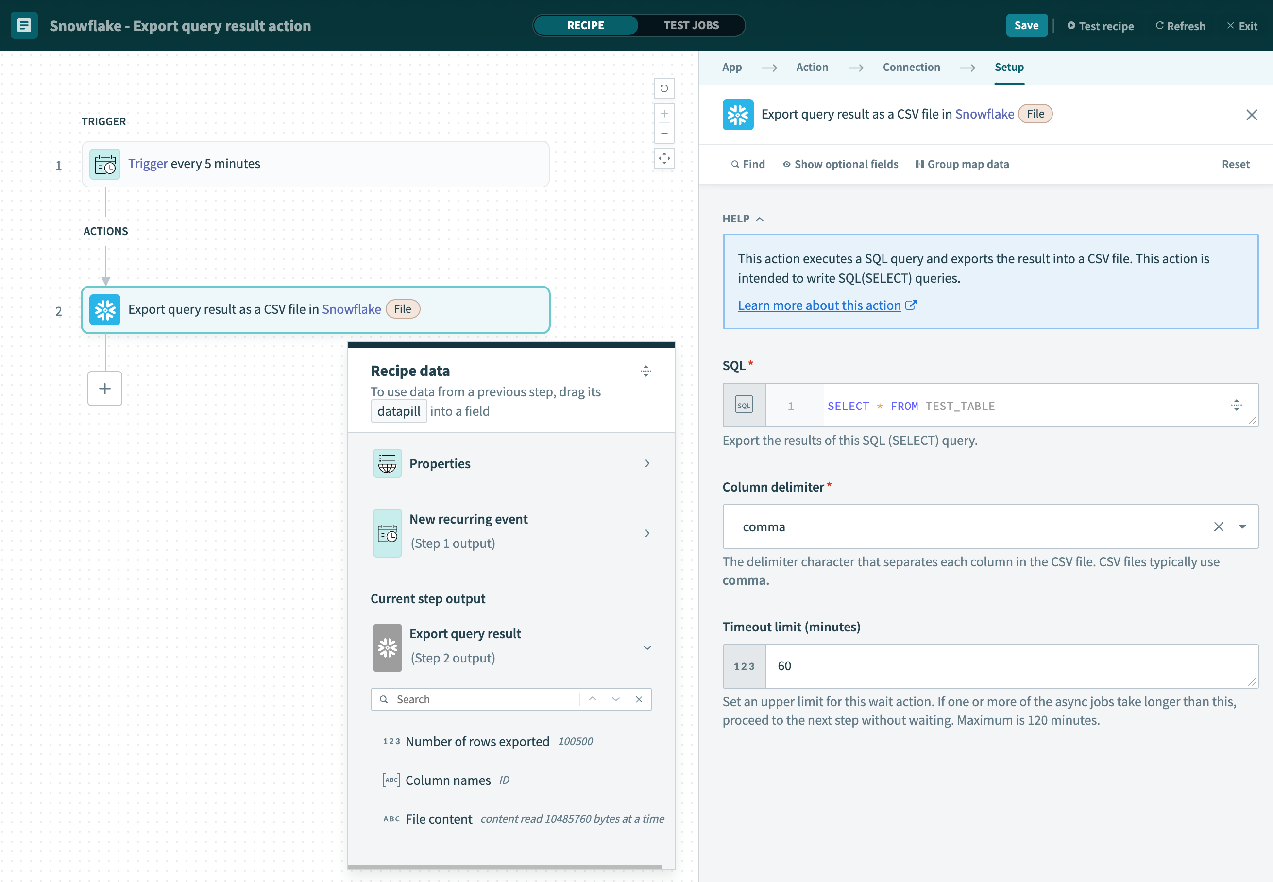 Export query result action