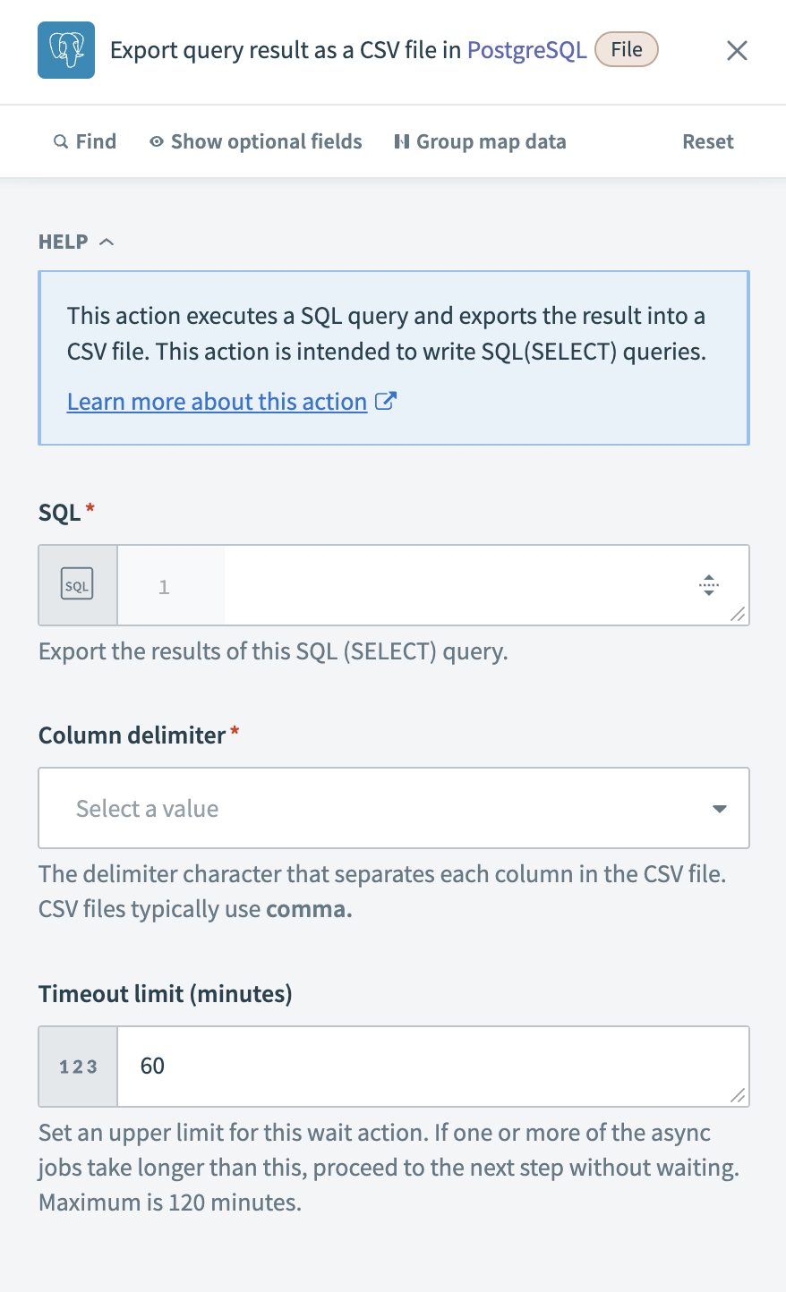 Export query result action