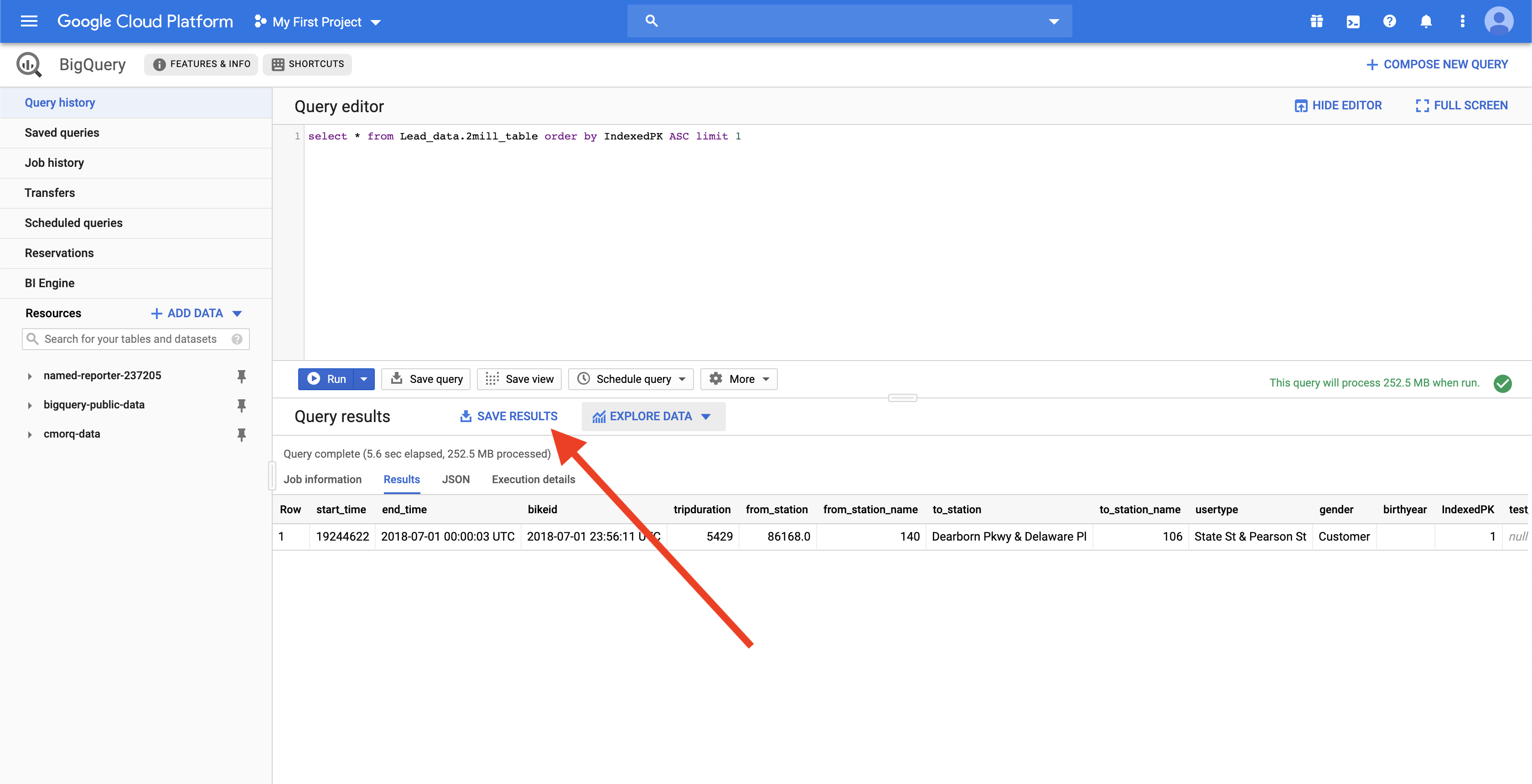 Export CSV from BigQuery