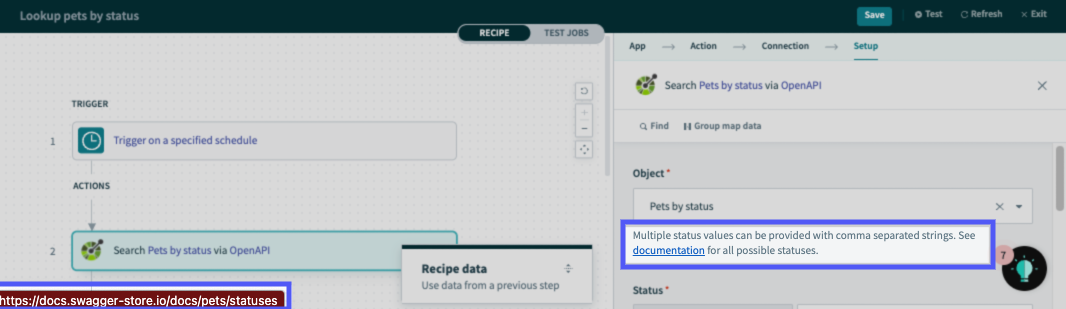 Example documentation link in object hint in Workato Recipe Editor