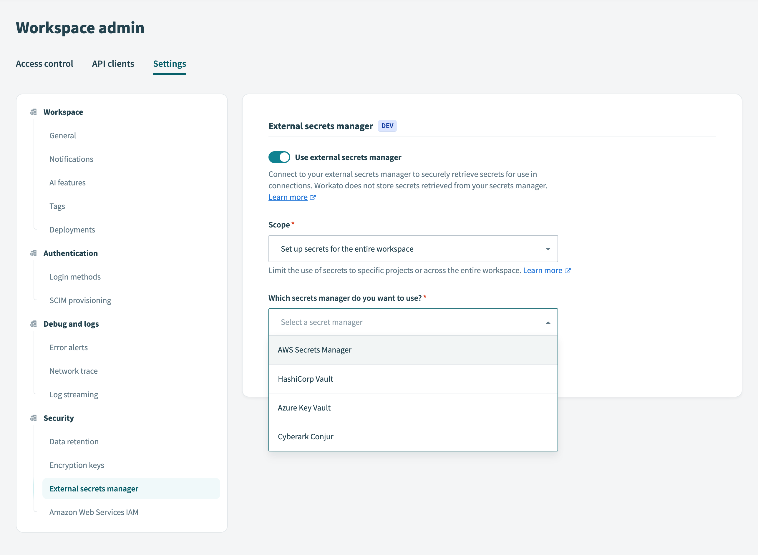 External secrets manager settings