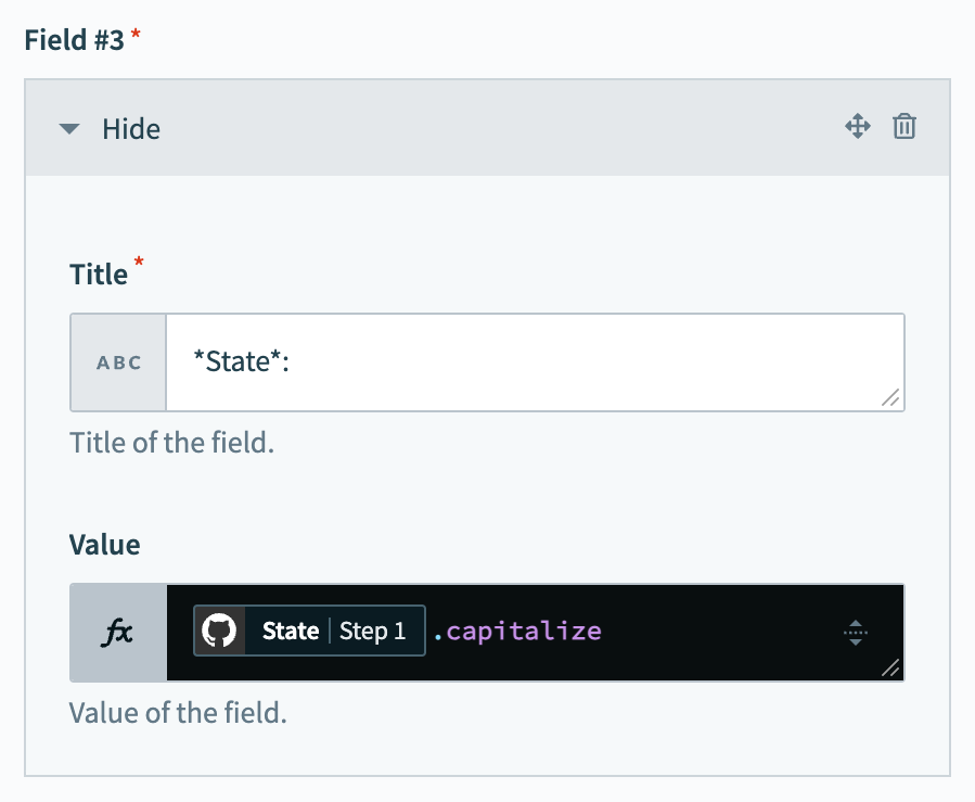 Map the State datapill and append the capitalize formula