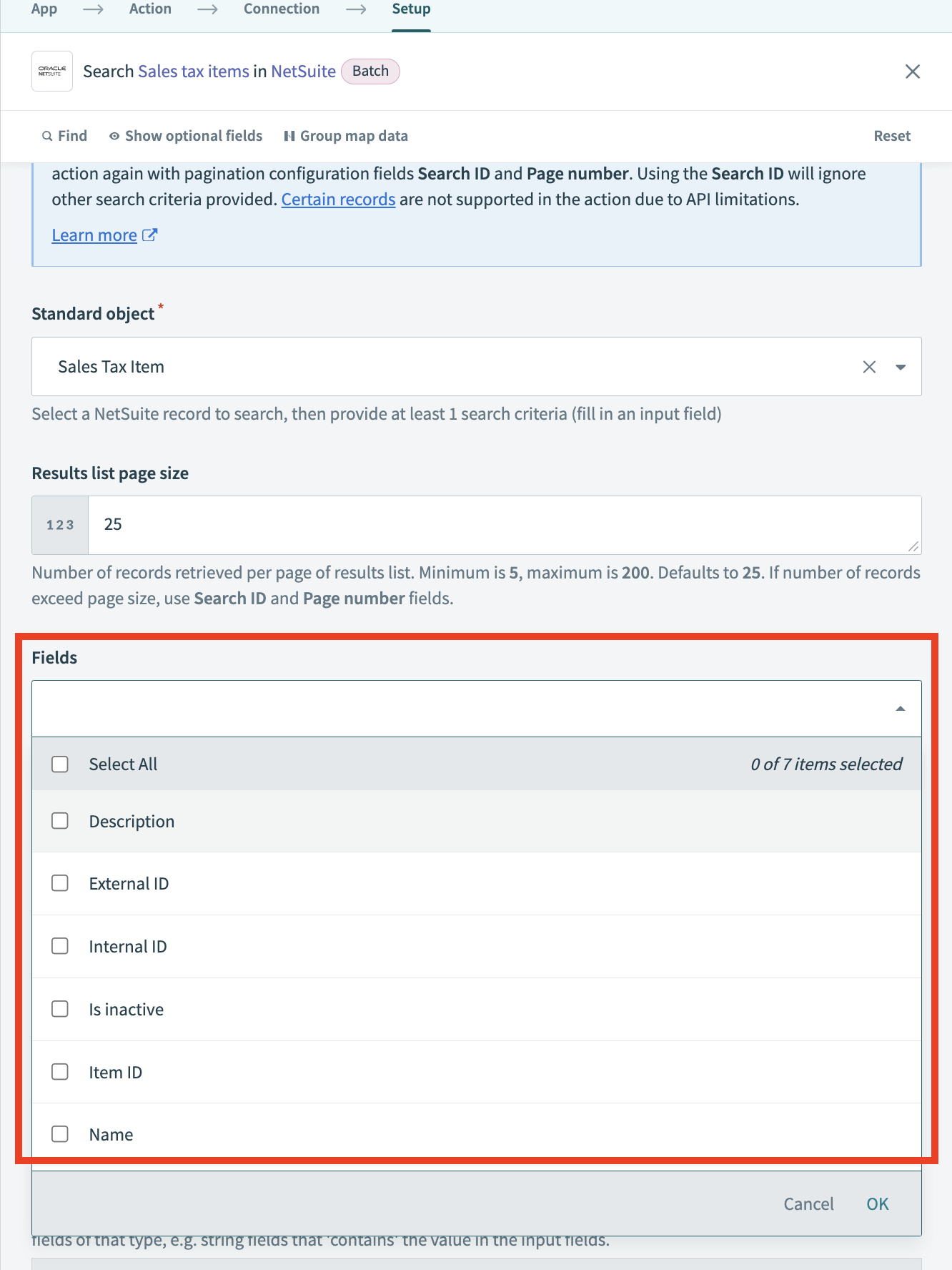 NetSuite field selection menu