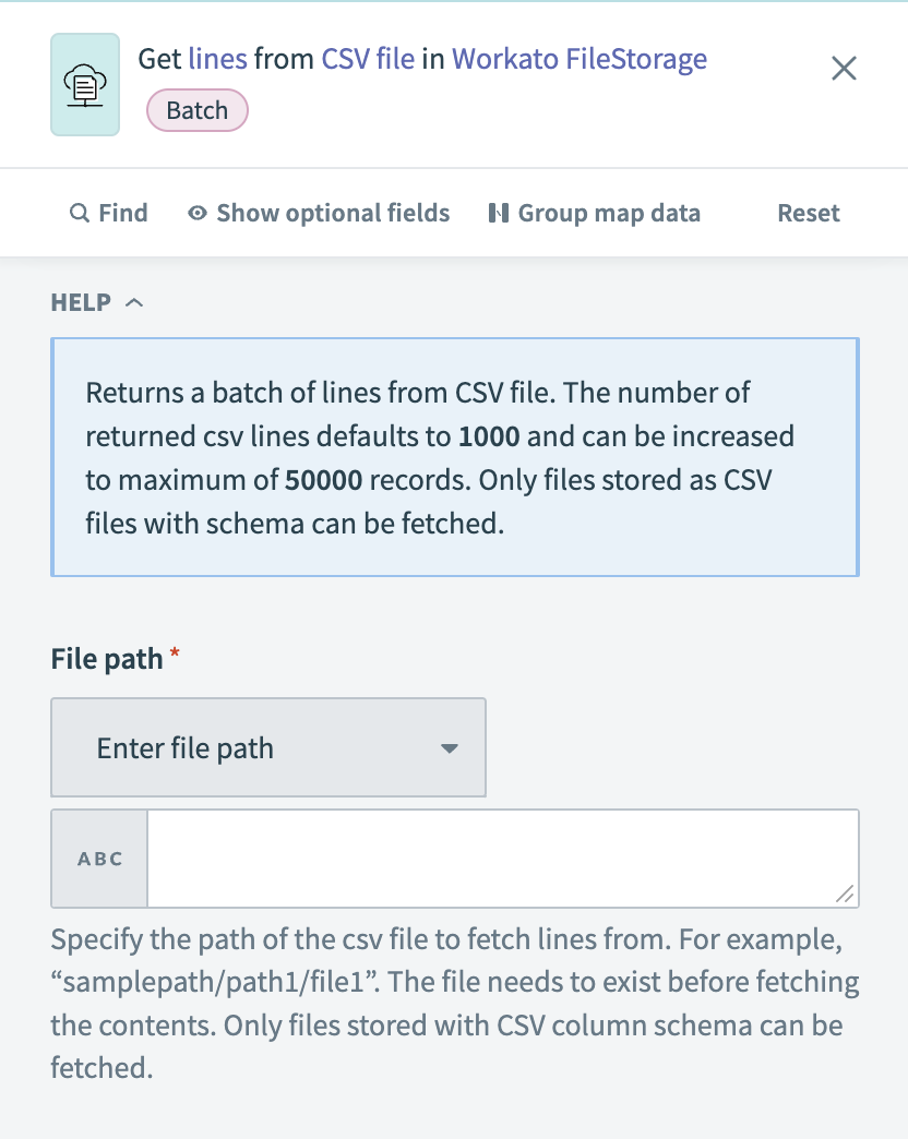 Get lines from CSV file in FileStorage action