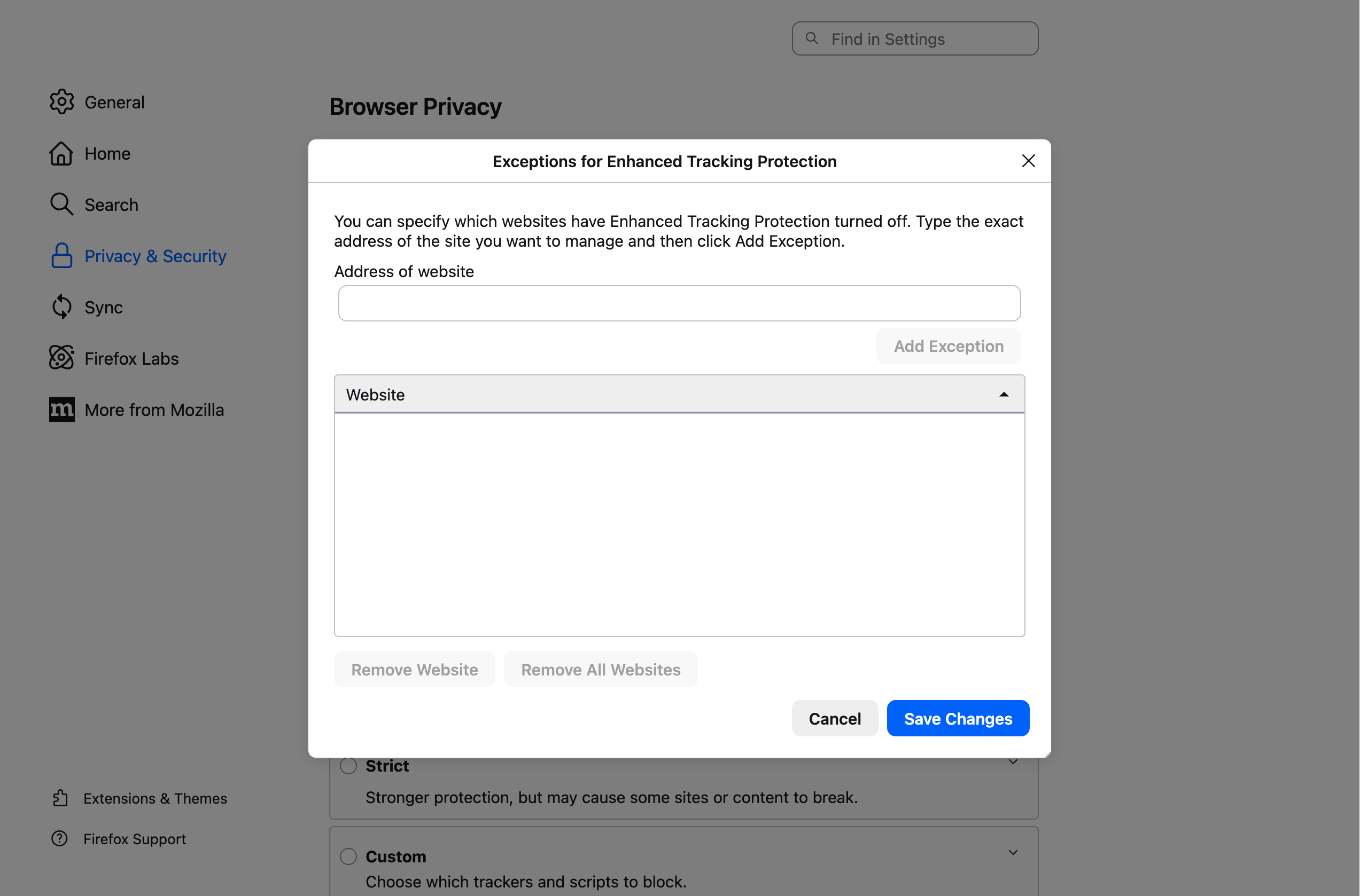 Firefox Manage Exceptions dialog for adding allowed sites