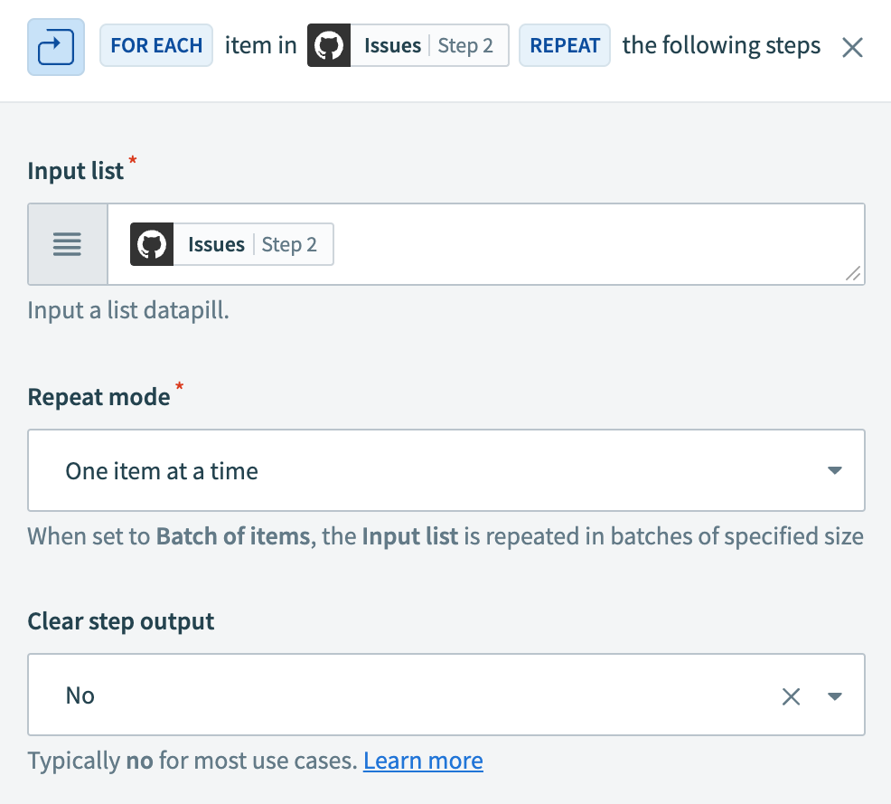 Configure the Repeat for each loop