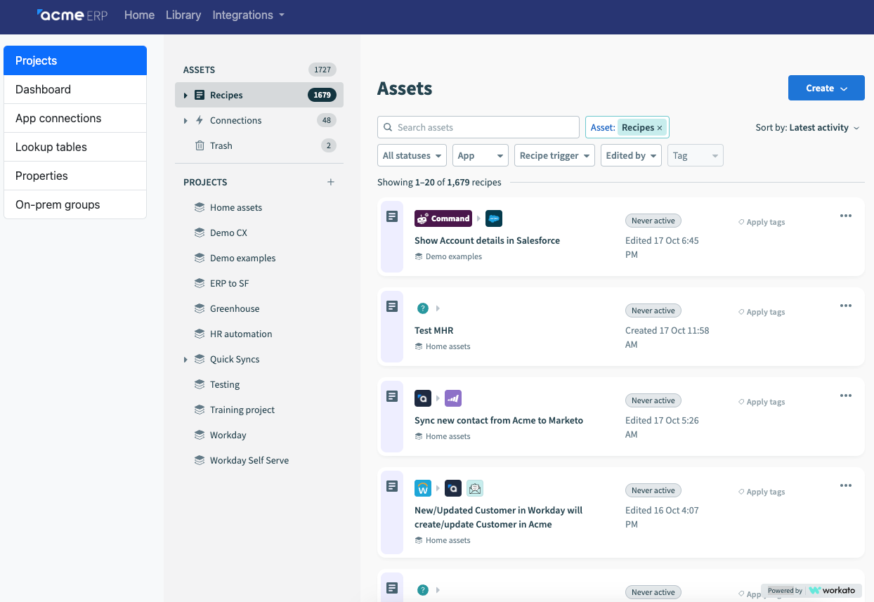 Full page iframe of Workato’s Projects page within Acme ERP