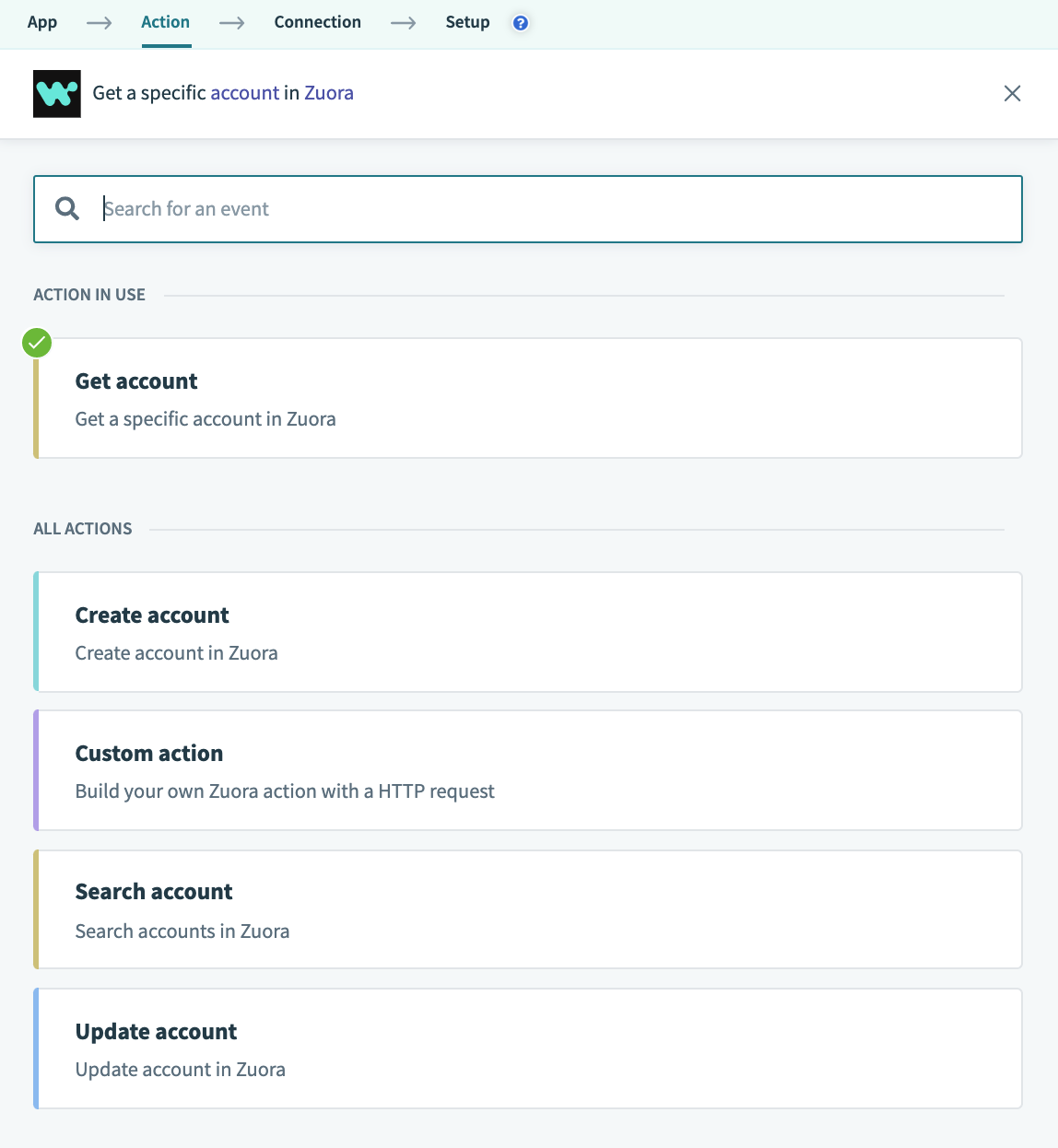 Selecting the get account action