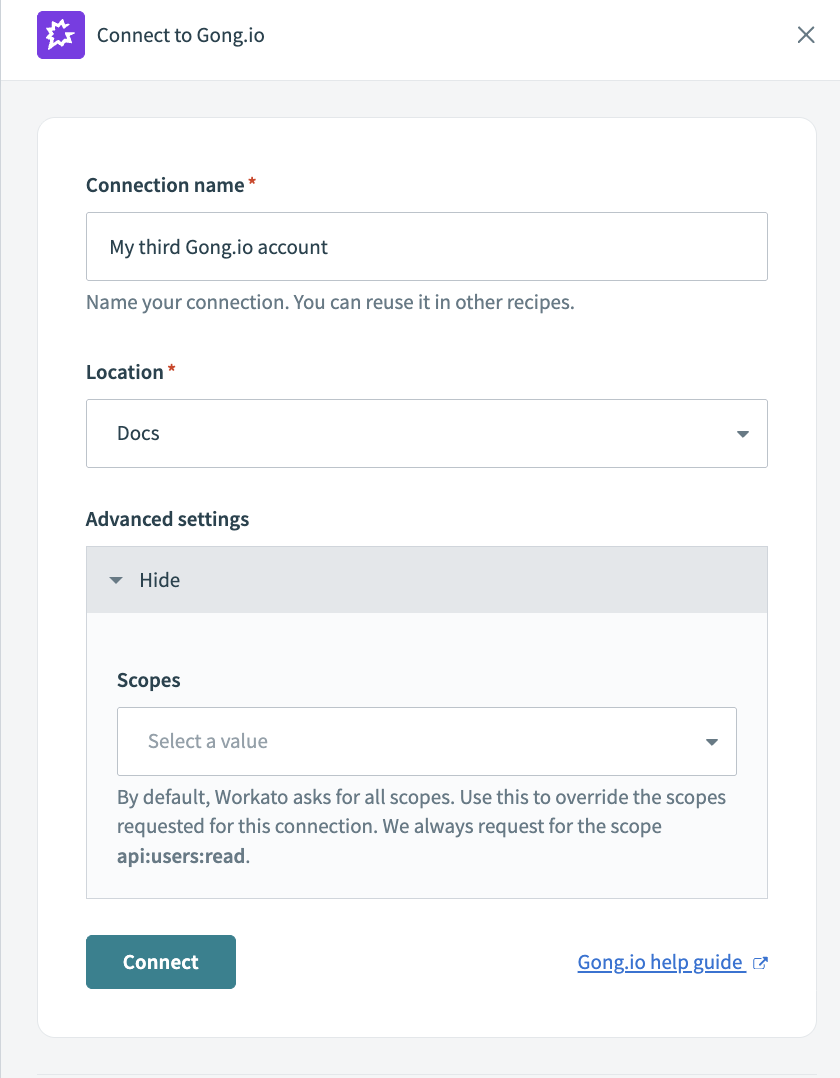 Gong connection setup