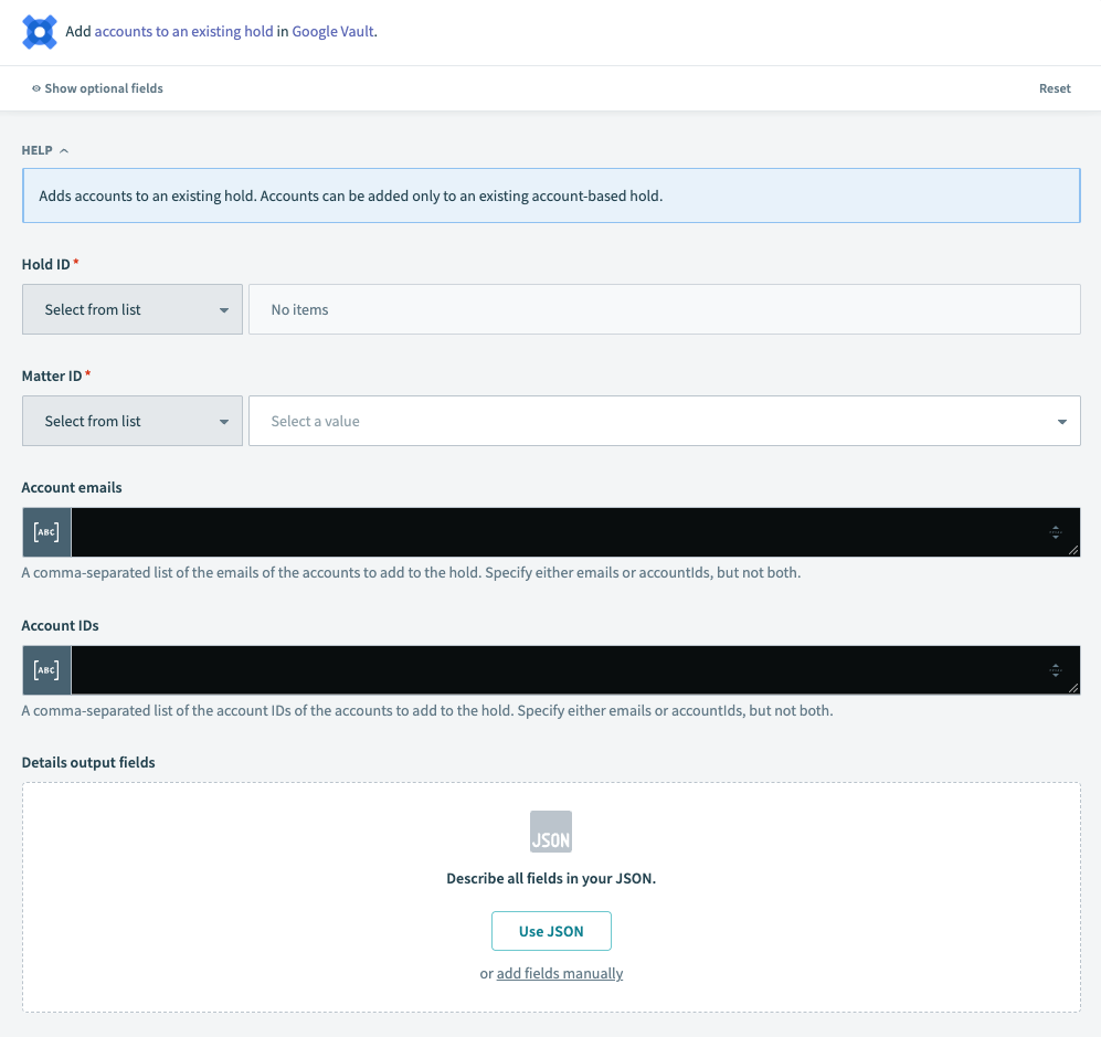 Google Vault Add accounts to hold action
