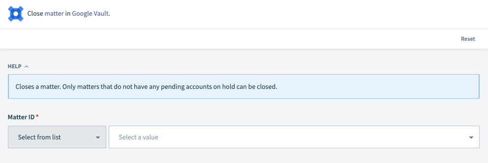 Google Vault Close matter action