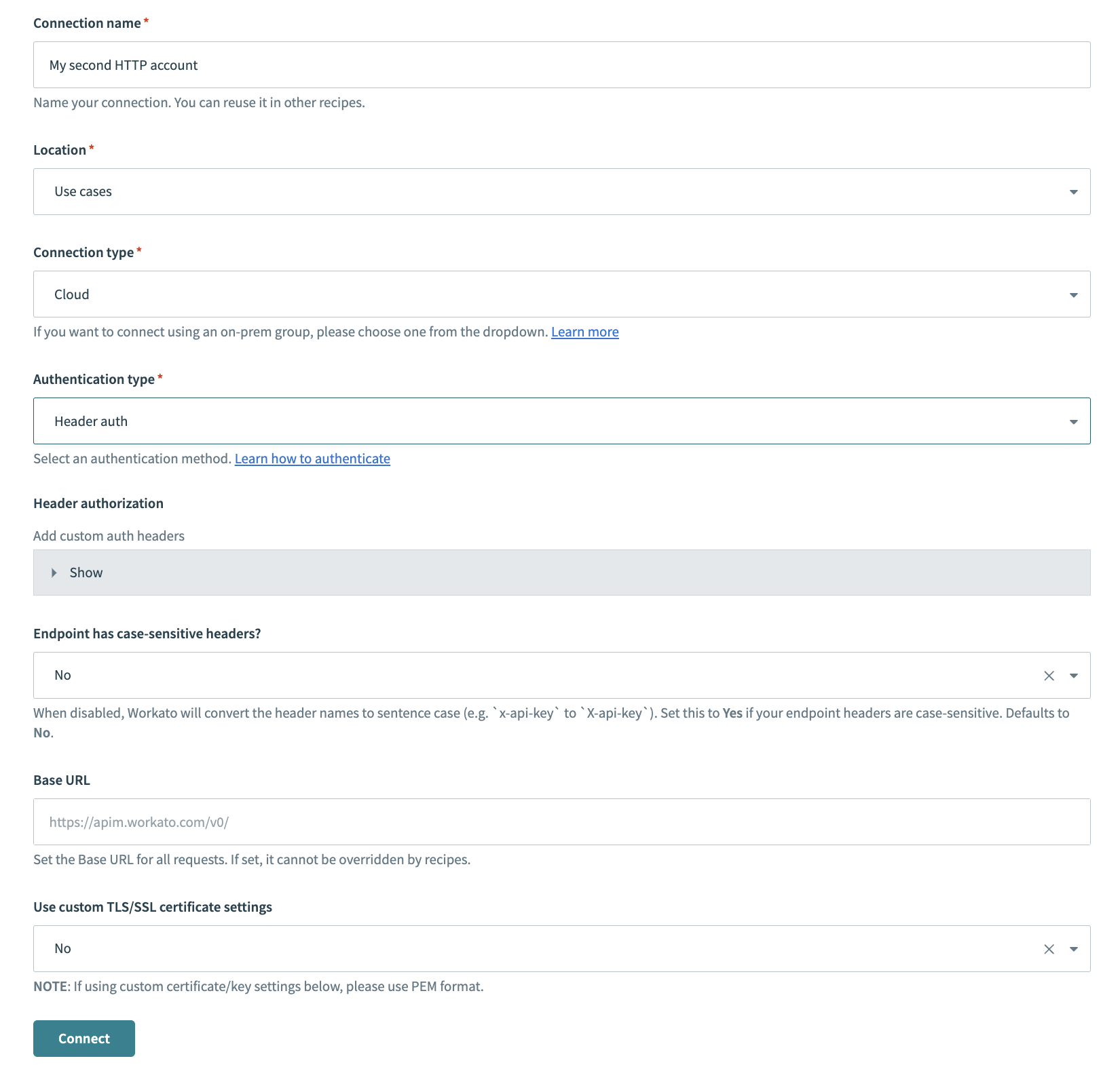 HTTP connector authentication type: Header auth