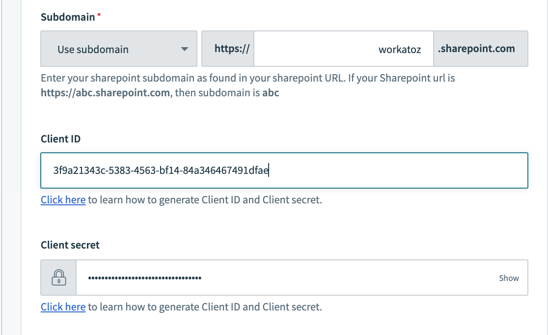 Entering the client ID and secret for the SharePoint connector