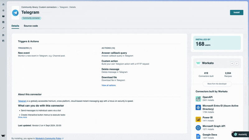 Install the Telegram community connector