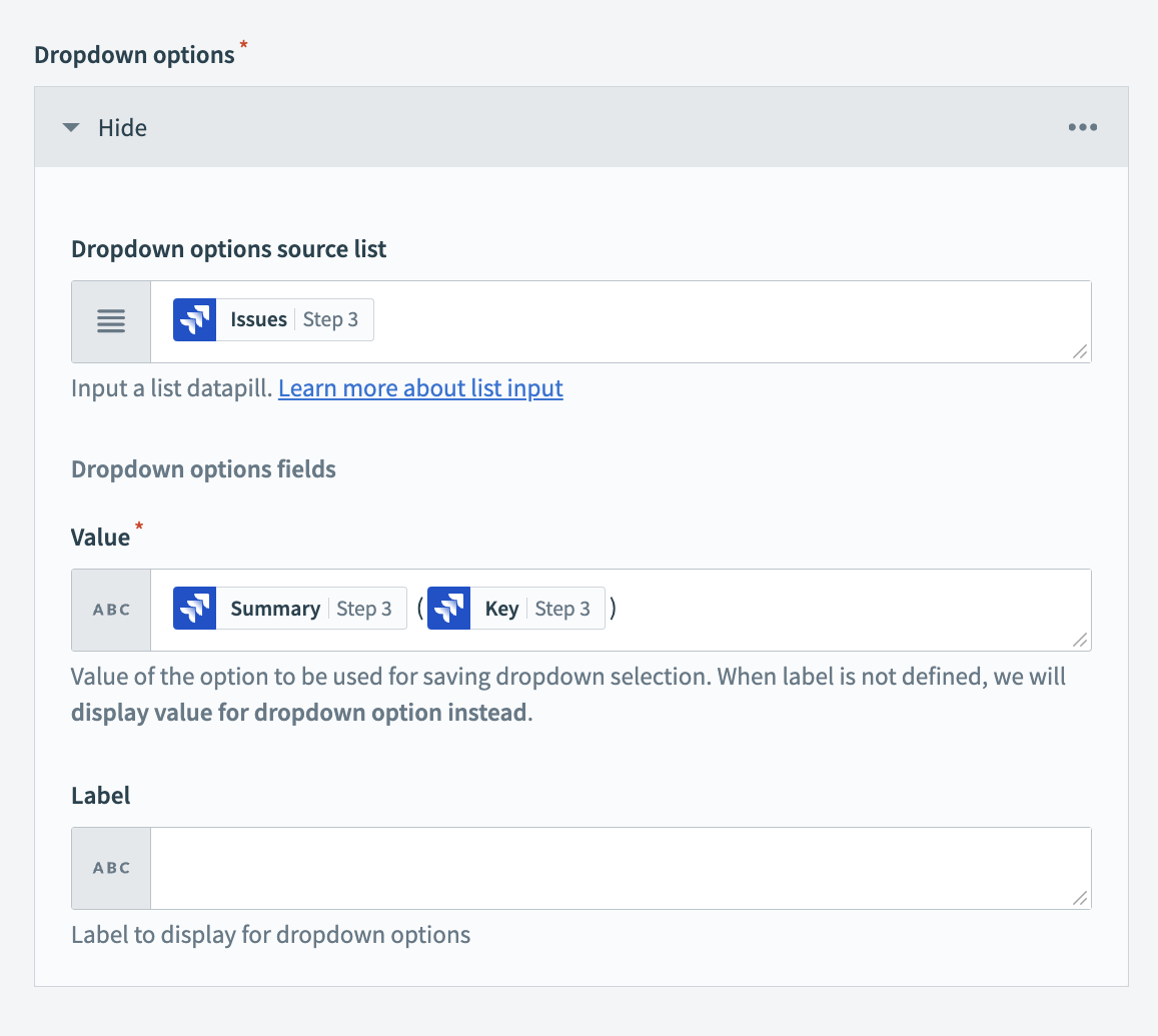 Configure the Return data to dropdown action