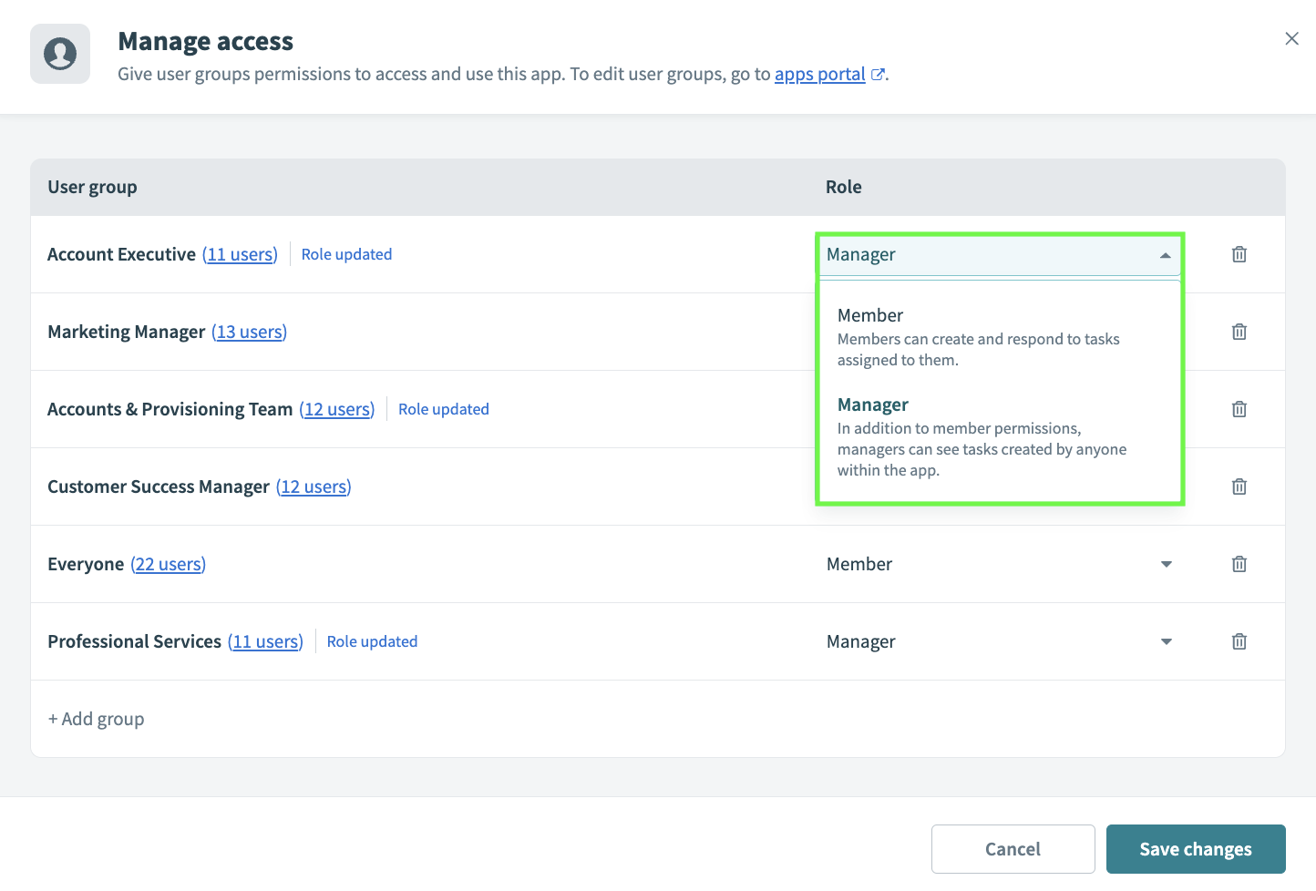 Manage access for user groups