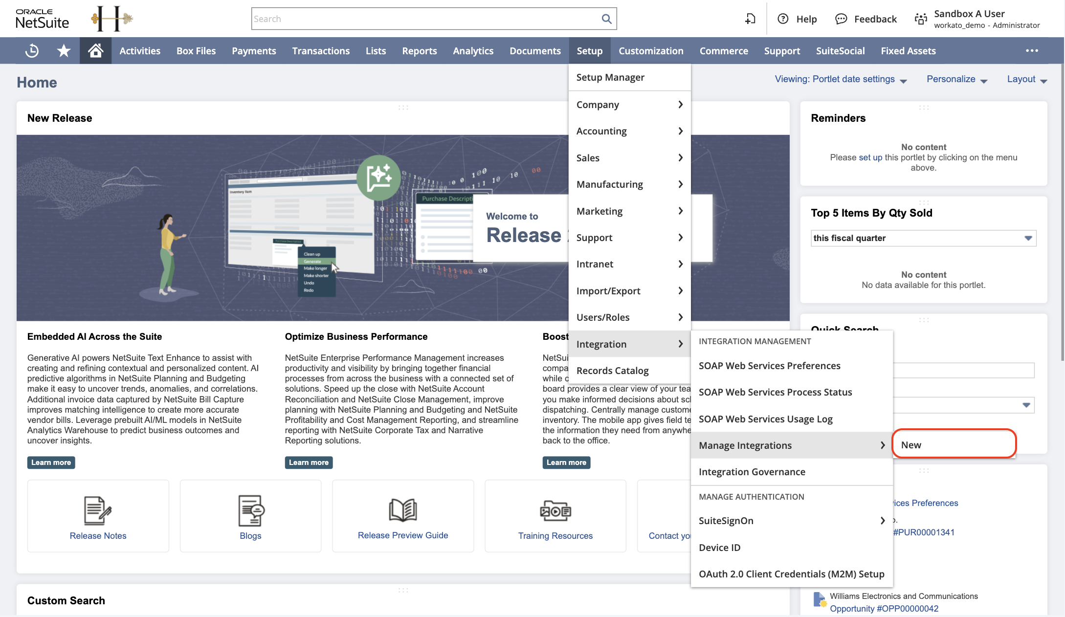 Navigate to Setup > Integration > Manage Integrations > New