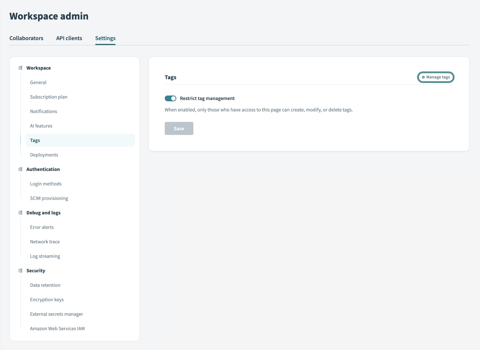 Manage tags setting