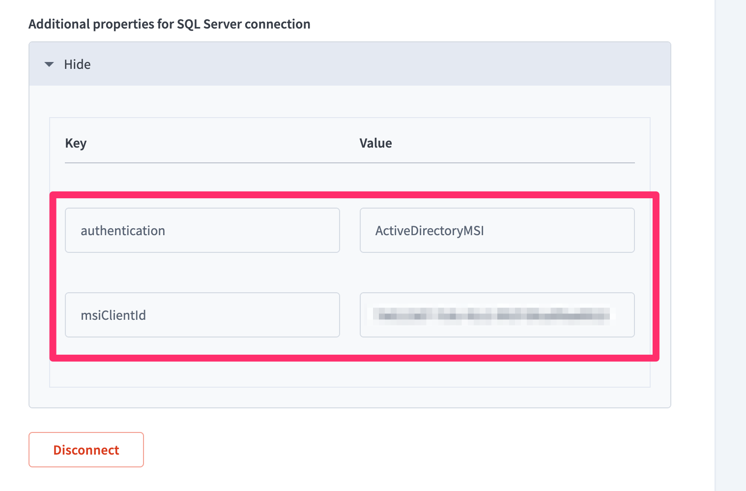 Add Managed Identity properties to the connection