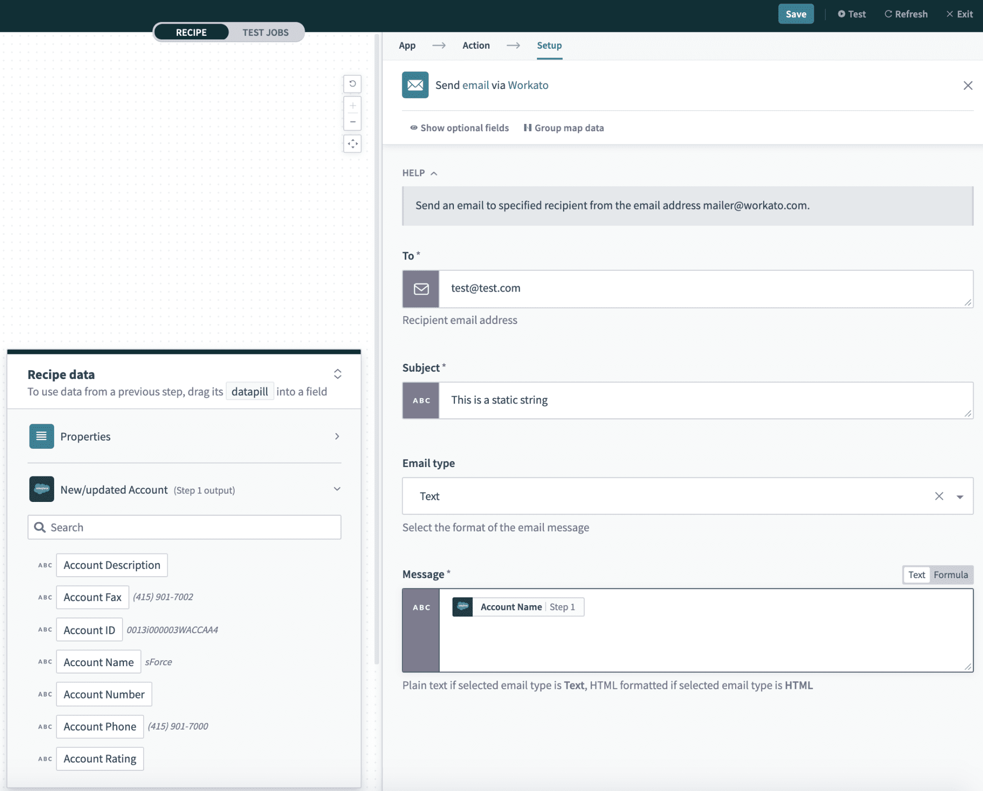 Mapping the account name datapill into the message input field