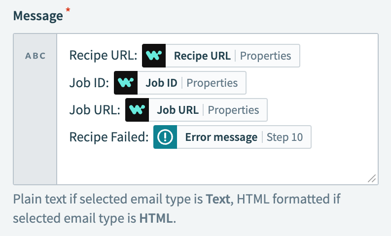 Configure the Message field