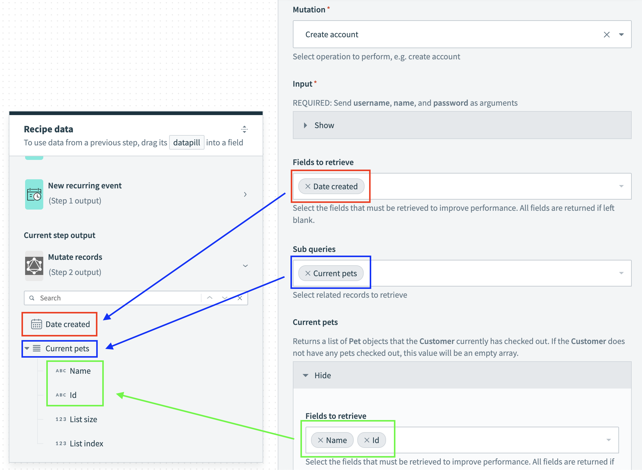 GraphQL レコード変更アクションの出力フィールドの例