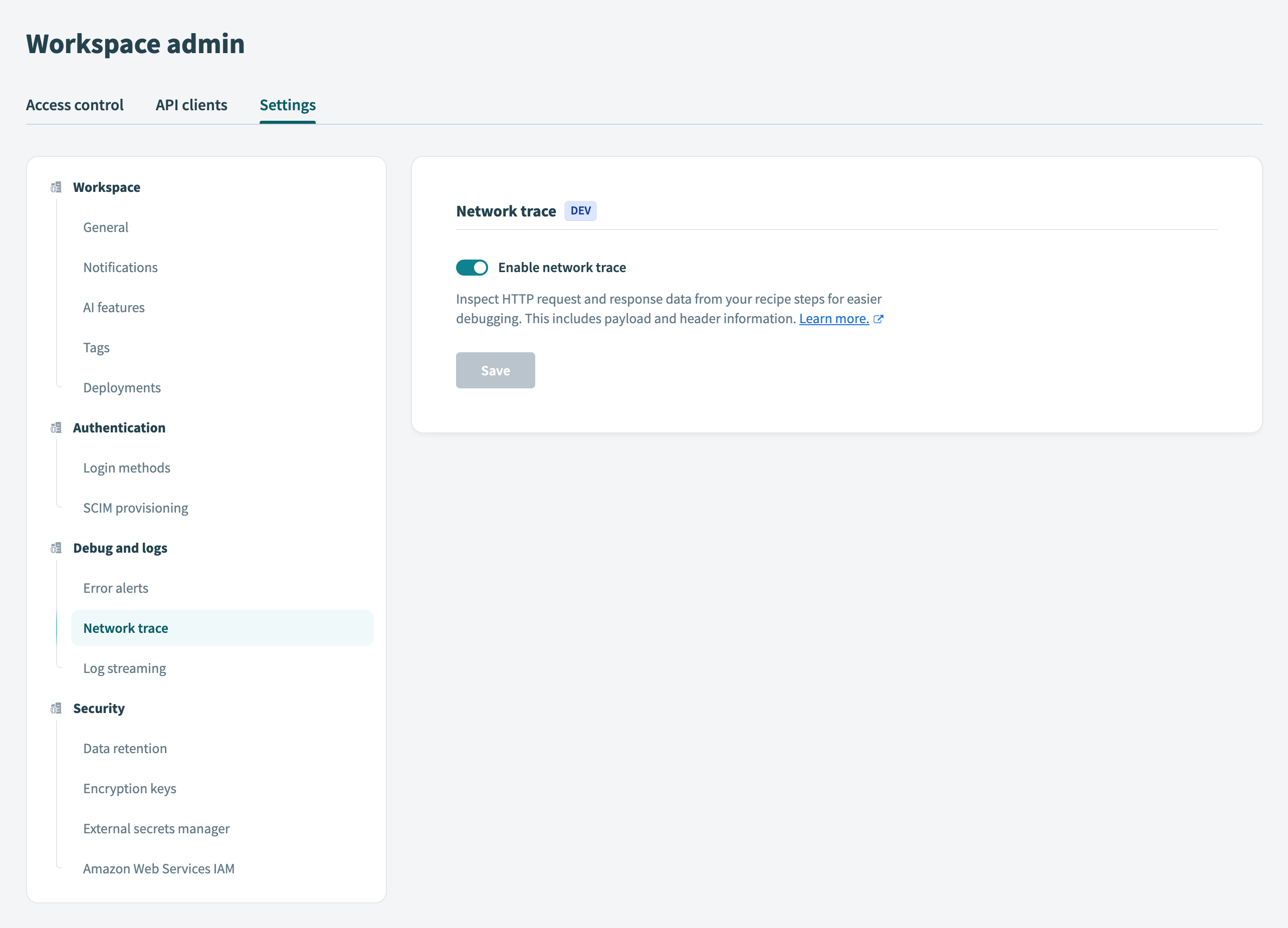 Network trace settings
