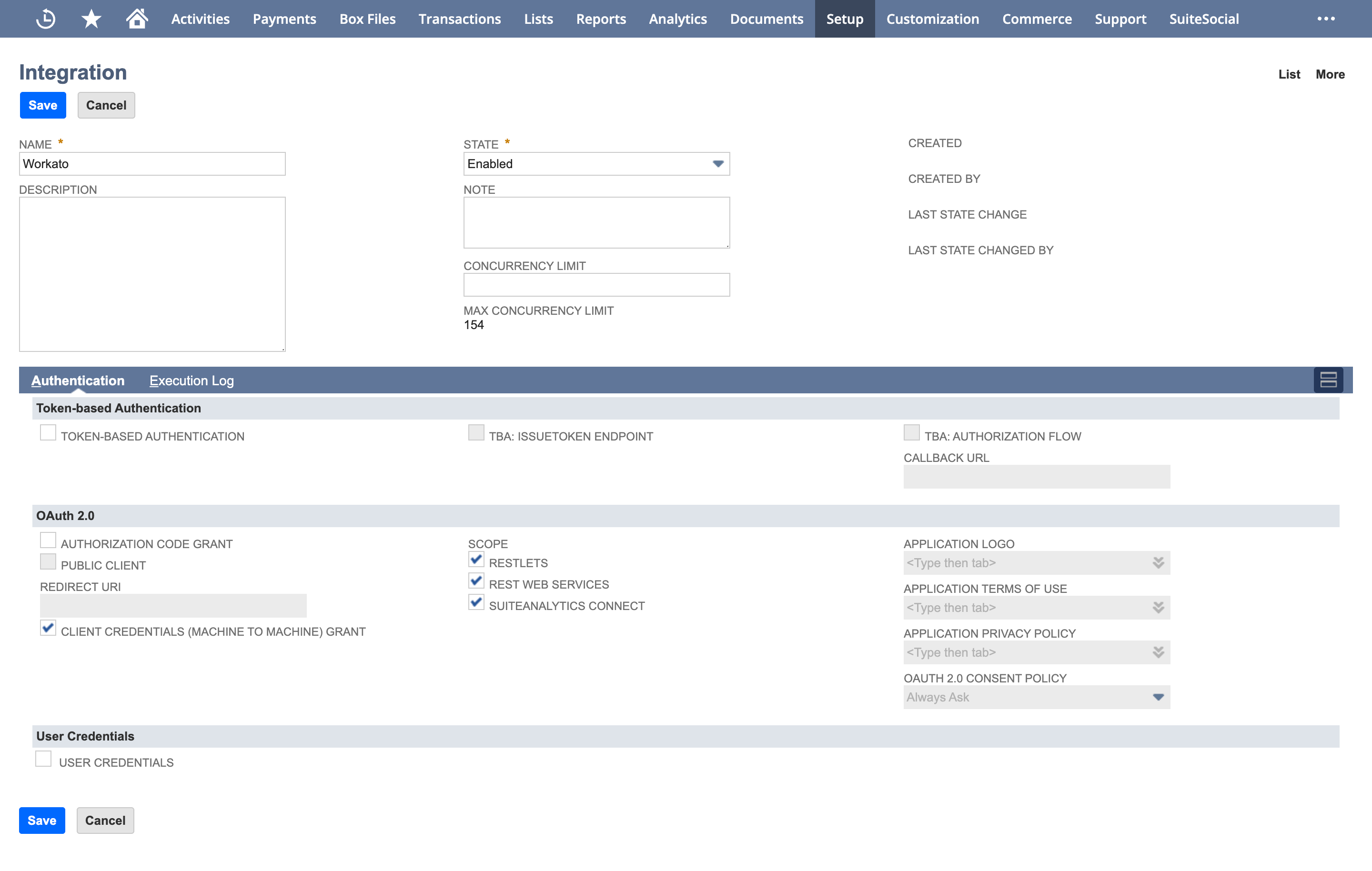 Create an integration record in NetSuite