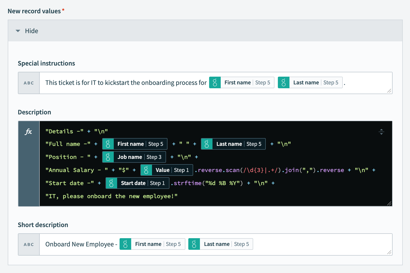 Configure the new record values fields