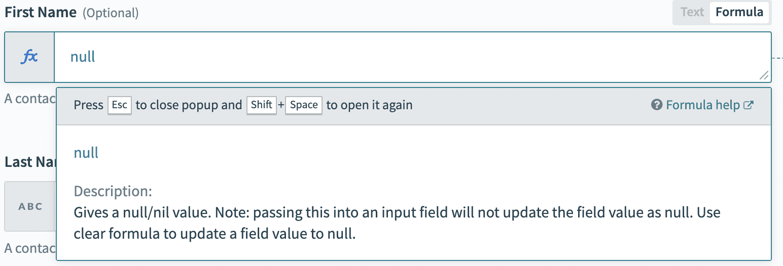Null formula in input field
