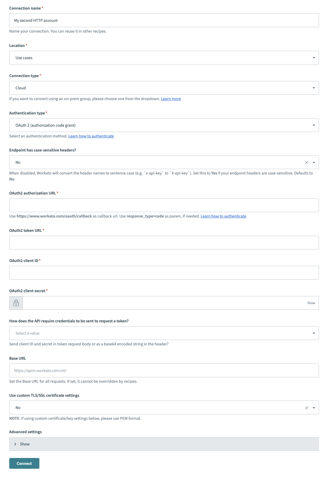 HTTP (OAuth2 auth code grant) connector's connection fields