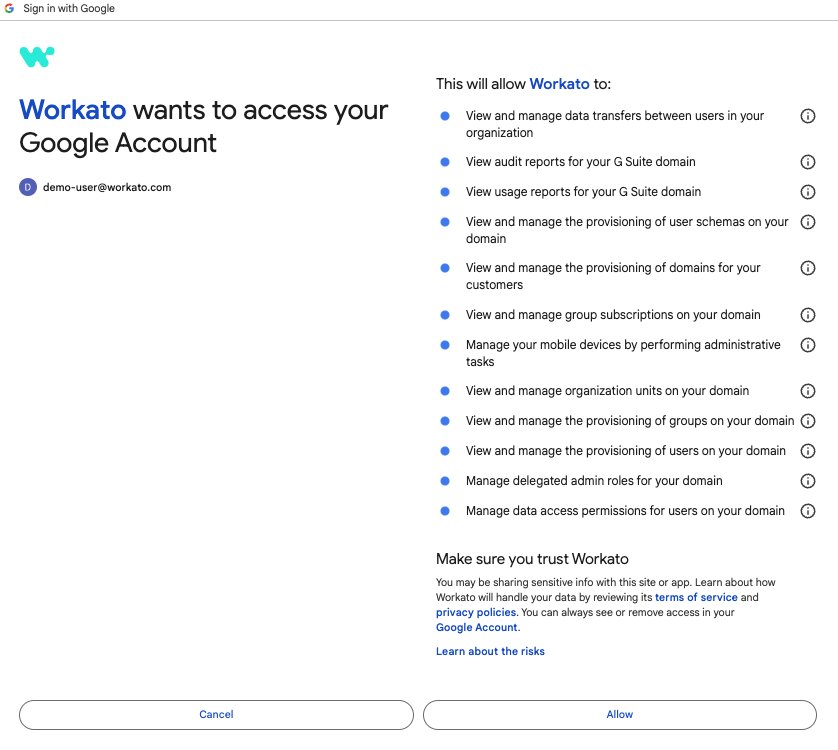 Enable Workato to access your Google account