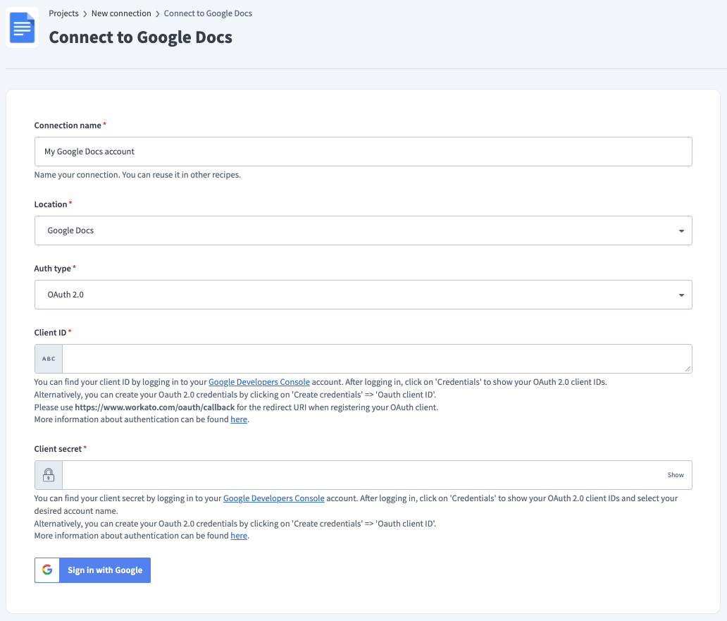 OAuth 2.0 connection