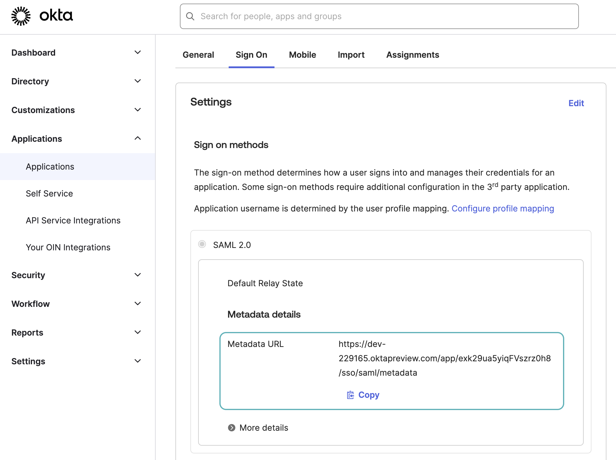 Copy the metadata URL