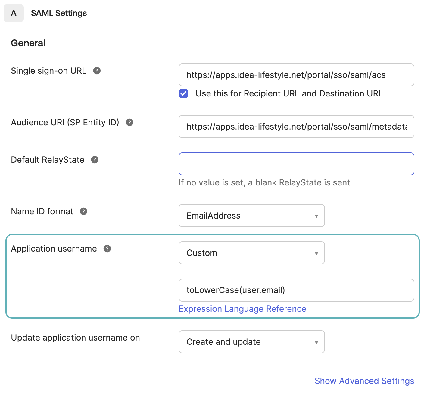 Set Application username to Custom